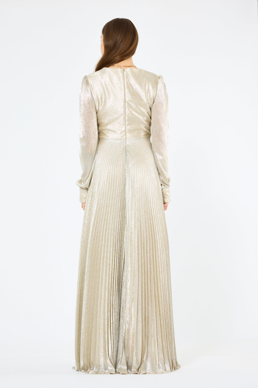 Twist Wrap Waist Pleated Metallic Gown