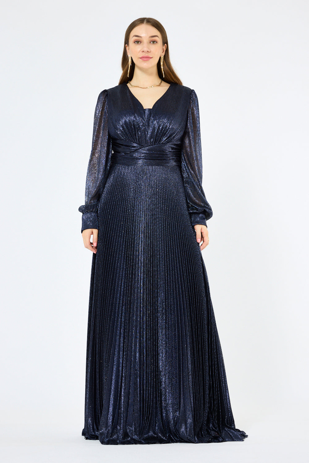 Twist Wrap Waist Pleated Metallic Gown