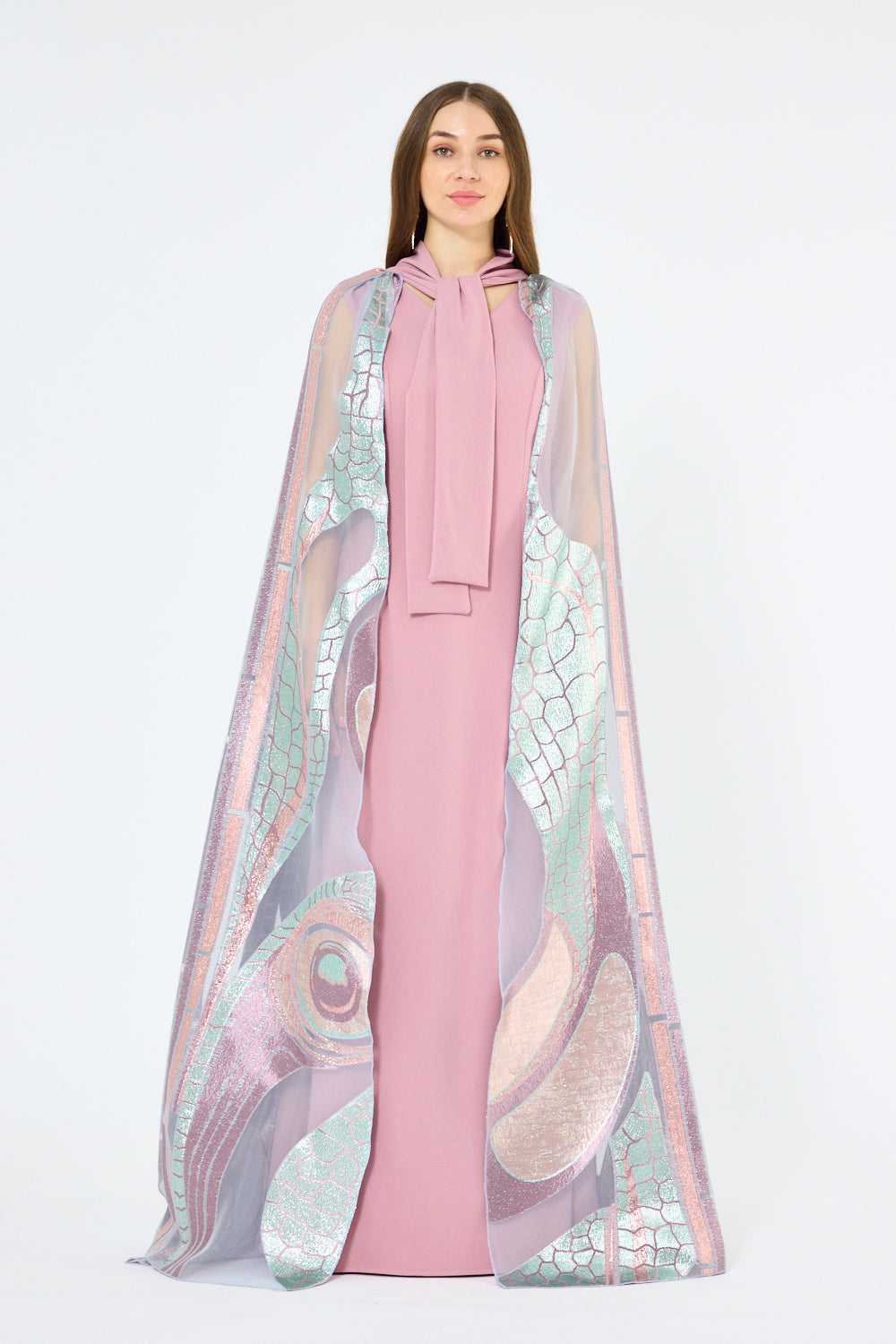 Abstract Metallic Artwork Cape Gown