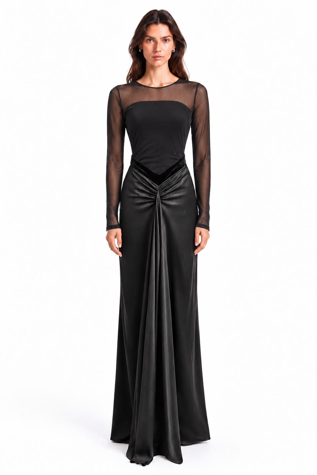 "Talia" Sheer-Sleeve Draped Maxi Gown