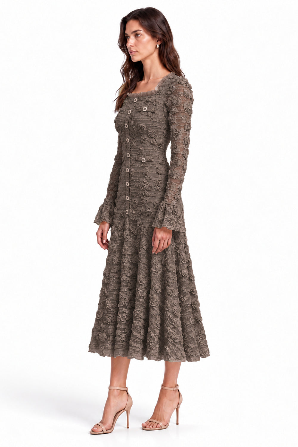 "Elara" 3D Floral Lace Button-Front Dress