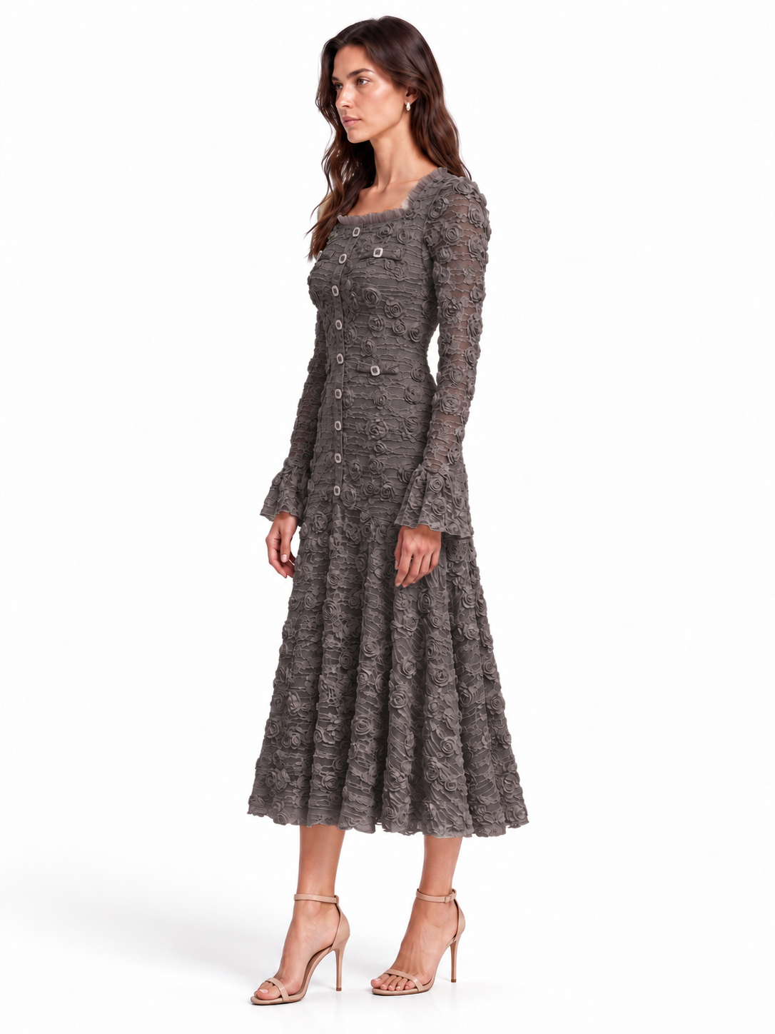 "Elara" 3D Floral Lace Button-Front Dress