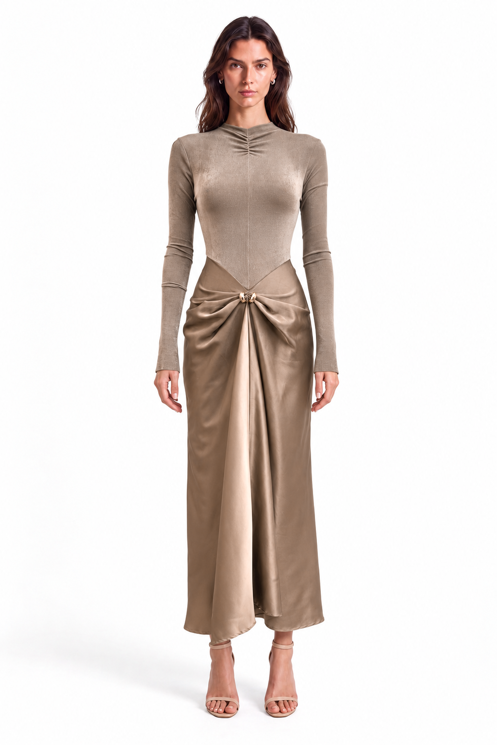 "Mira" High Neck Draped Front Gown
