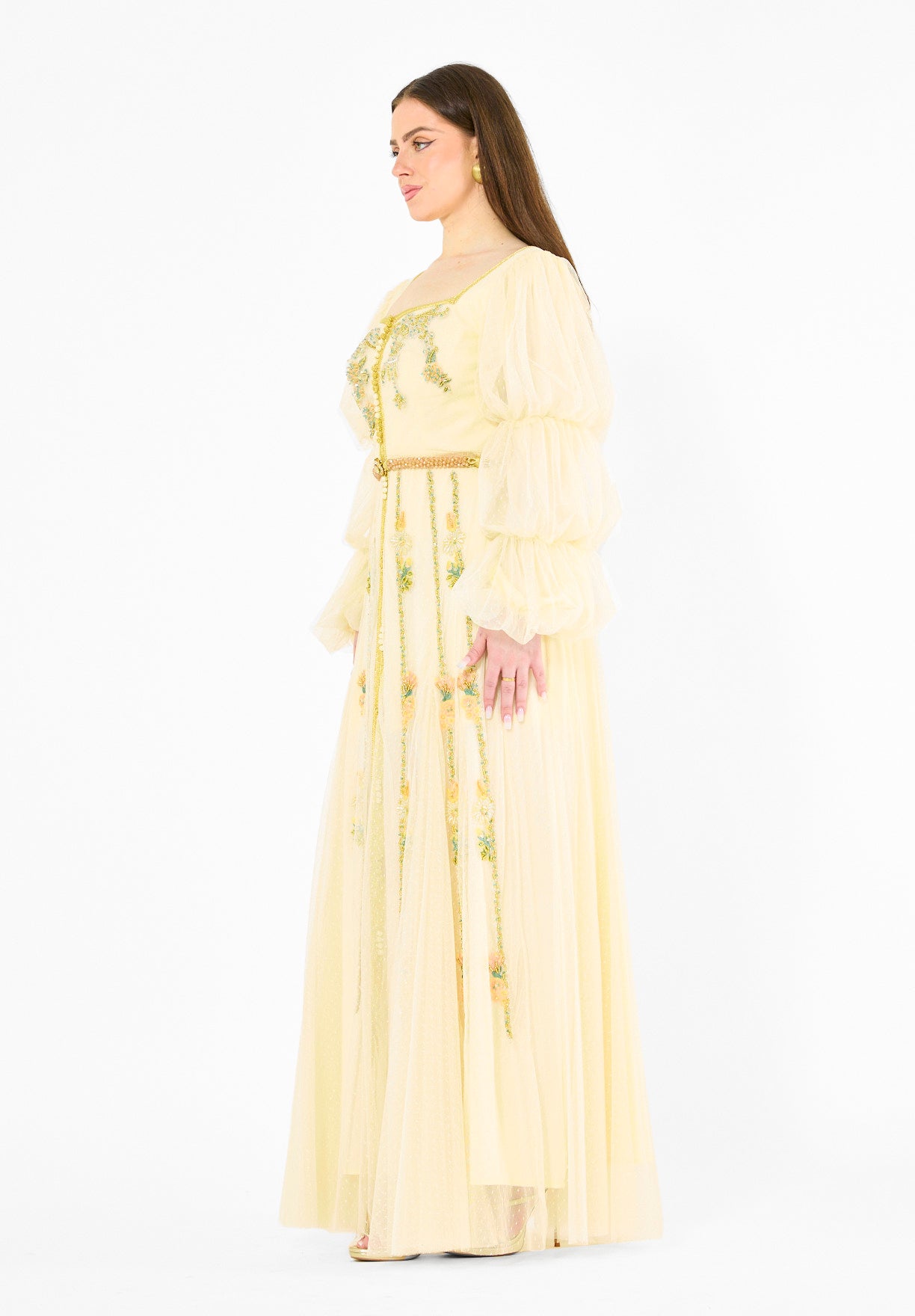 Embroidered Accents Gown with Layered Sleeves