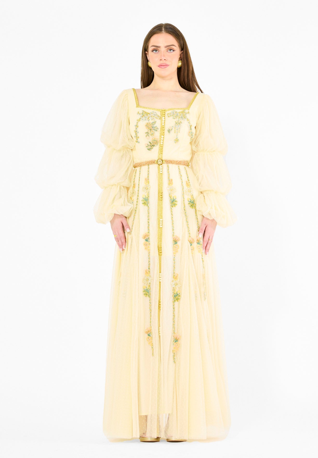Embroidered Accents Gown with Layered Sleeves