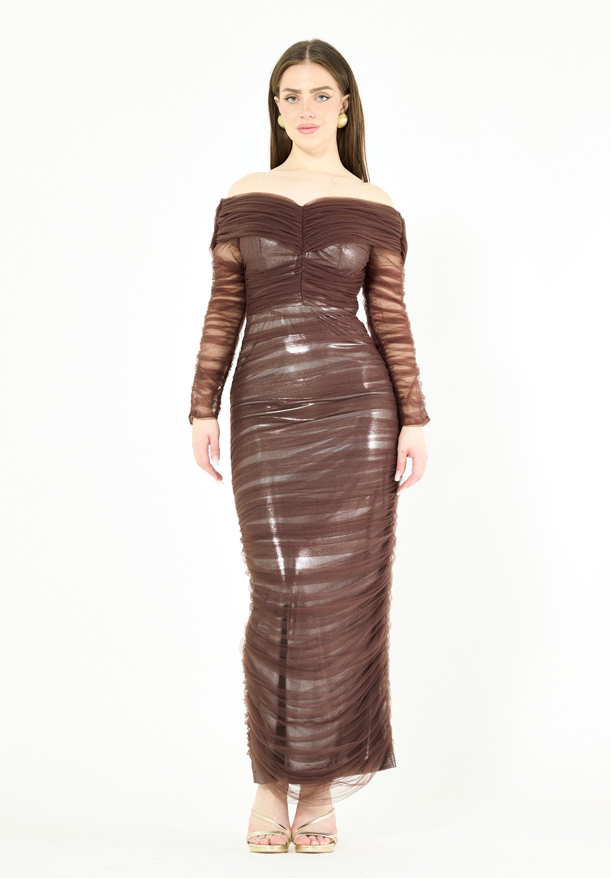 Elegant Off-Shoulder Ruched Tulle Bodycon Gown