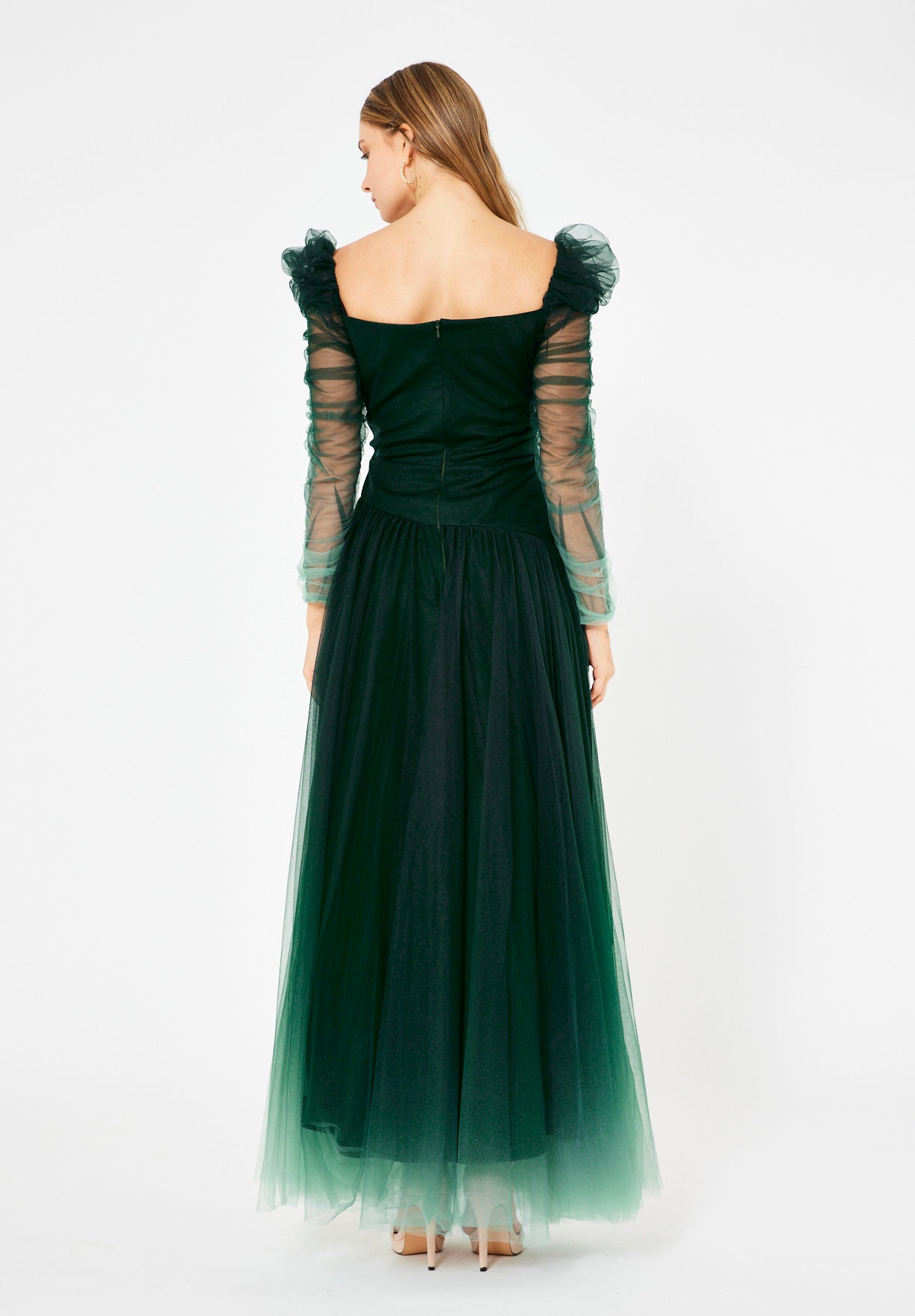 Ombre Tulle Gown with Sheer Puff Sleeves