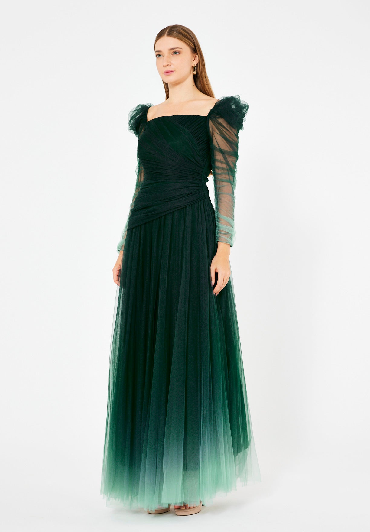 Ombre Tulle Gown with Sheer Puff Sleeves