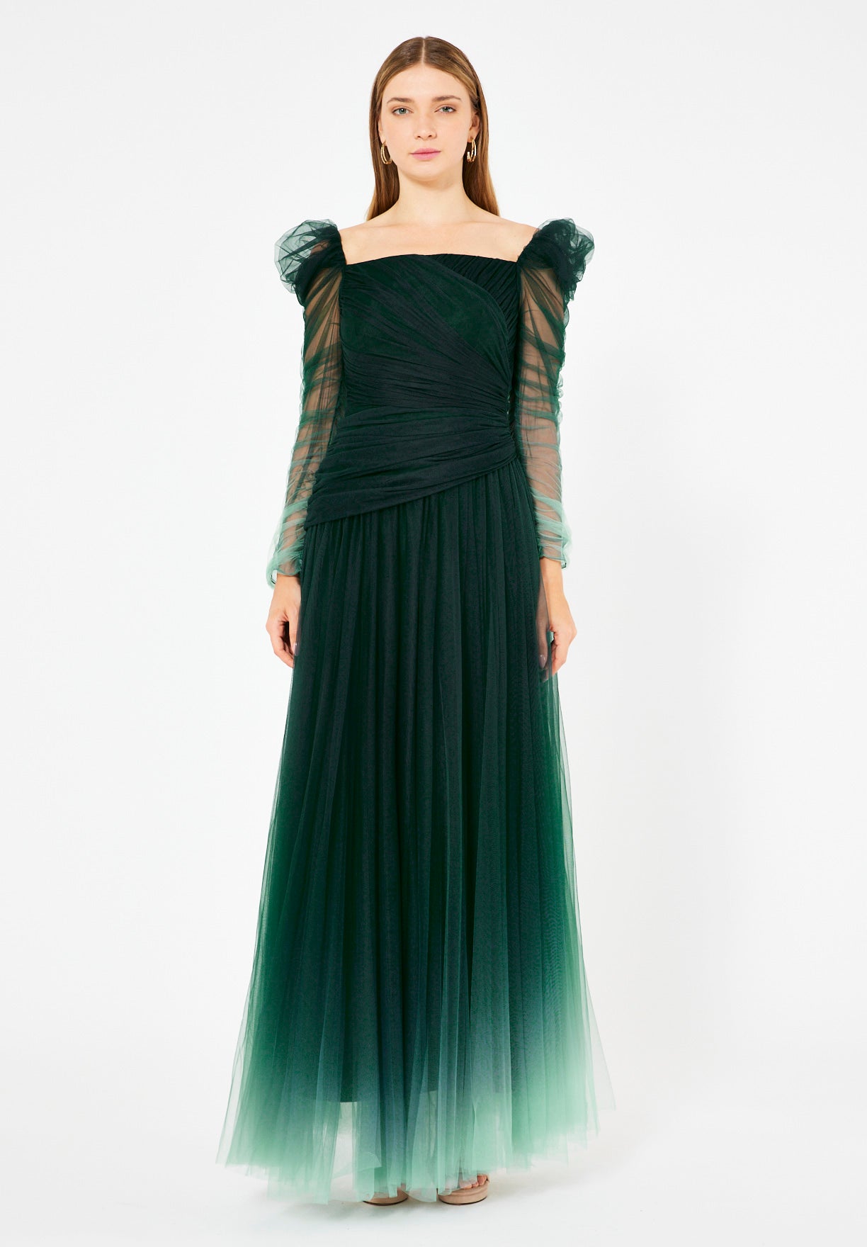 Ombre Tulle Gown with Sheer Puff Sleeves