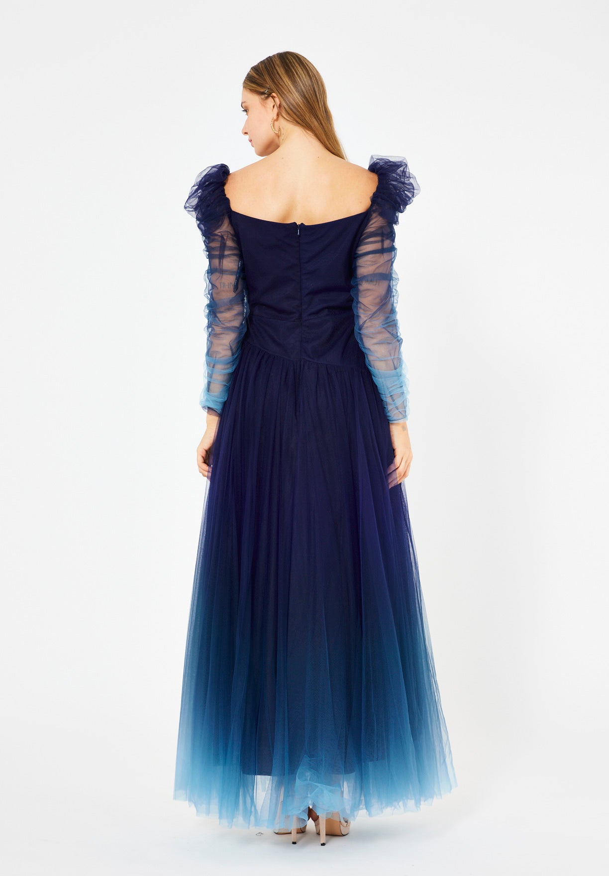 Ombre Tulle Gown with Sheer Puff Sleeves