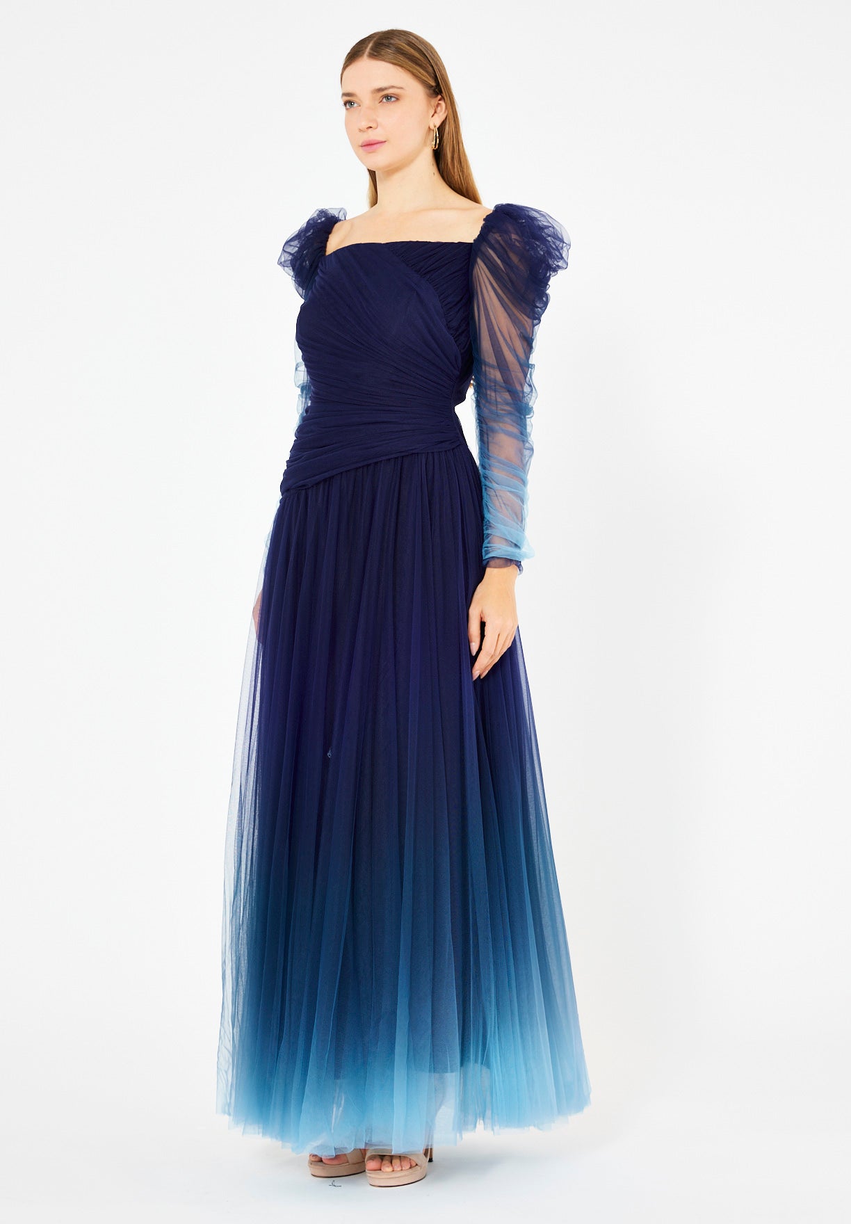 Ombre Tulle Gown with Sheer Puff Sleeves