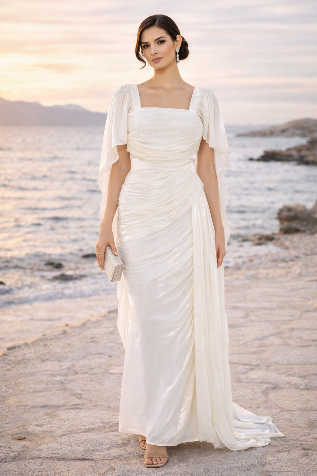 Beautiful Asymmetrical Silk Draped Bardot Dress With Square Neckline And Flared Sleeves