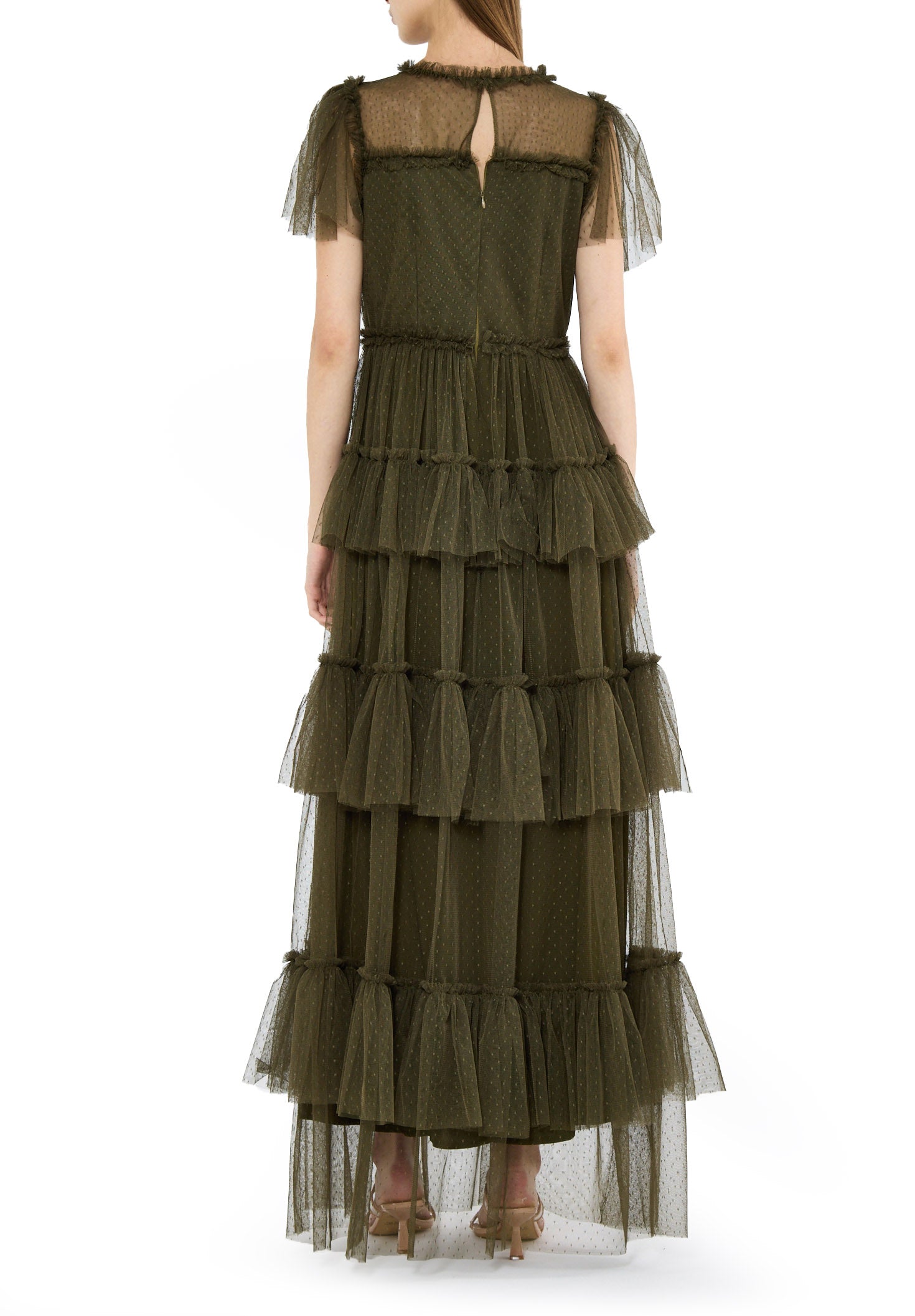 Stunning Frilled Long Tulle Dress With Illusion Neckline And Short Flared Sleeves