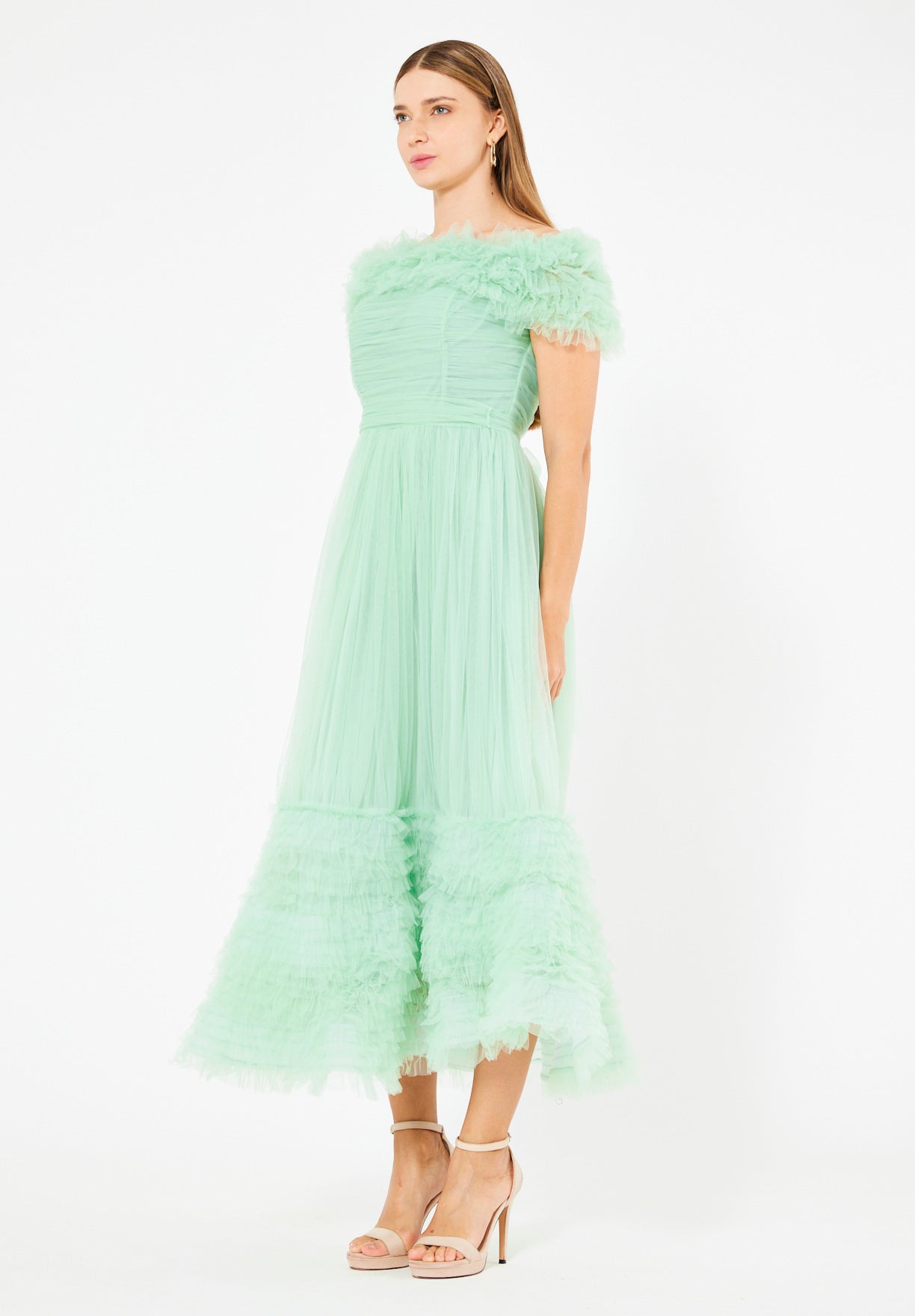 Ruffled Off-Shoulder Tulle Dress