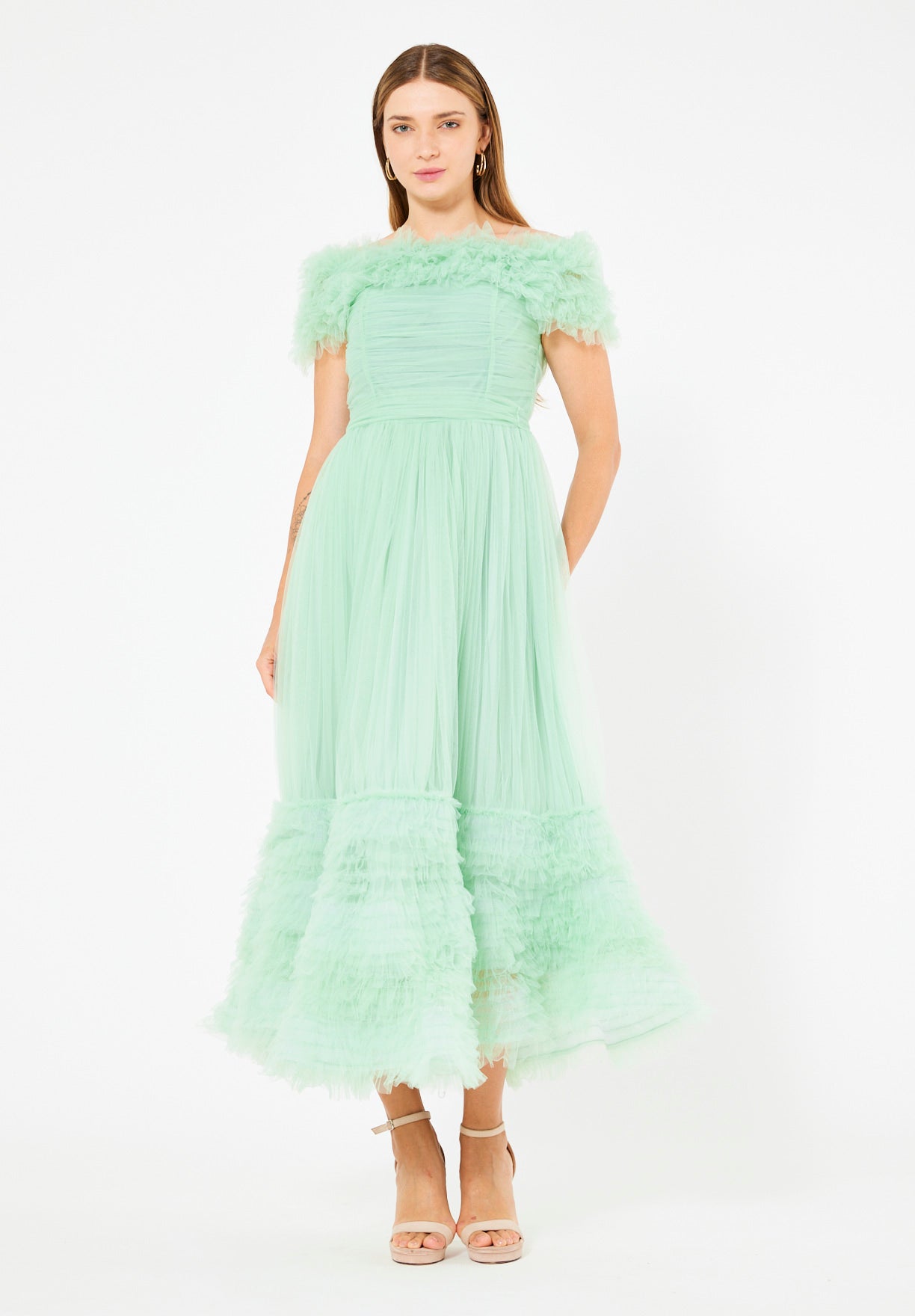 Ruffled Off-Shoulder Tulle Dress
