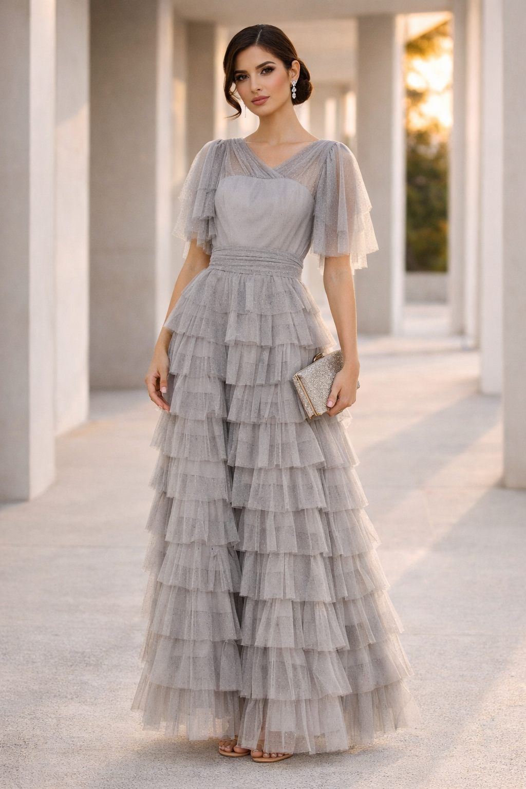Stunning Frilled Long Tulle Dress With V-Neckline And Layered Short Sleeves