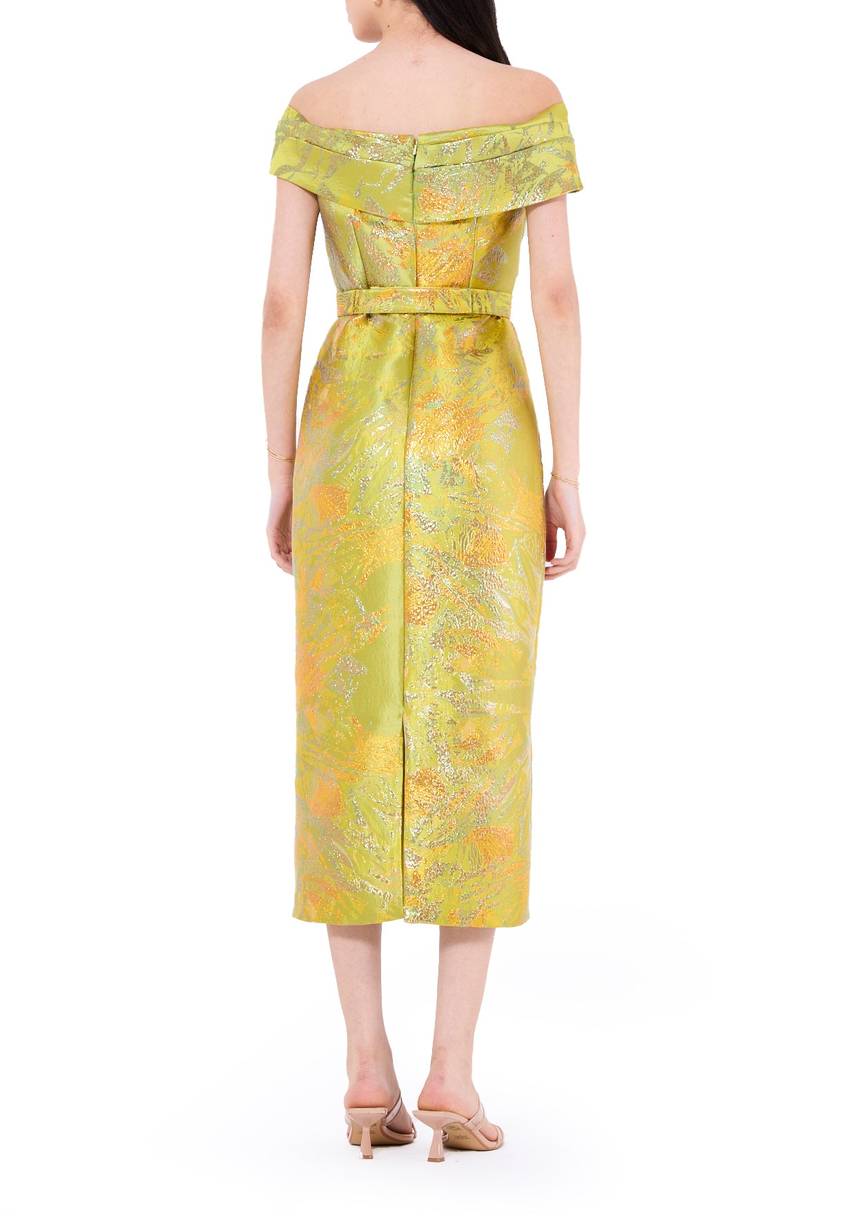 Jacquard Pleated Off-The-Shoulder Midi Dress