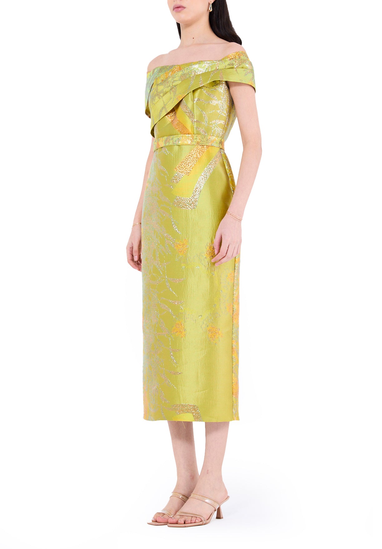 Jacquard Pleated Off-The-Shoulder Midi Dress