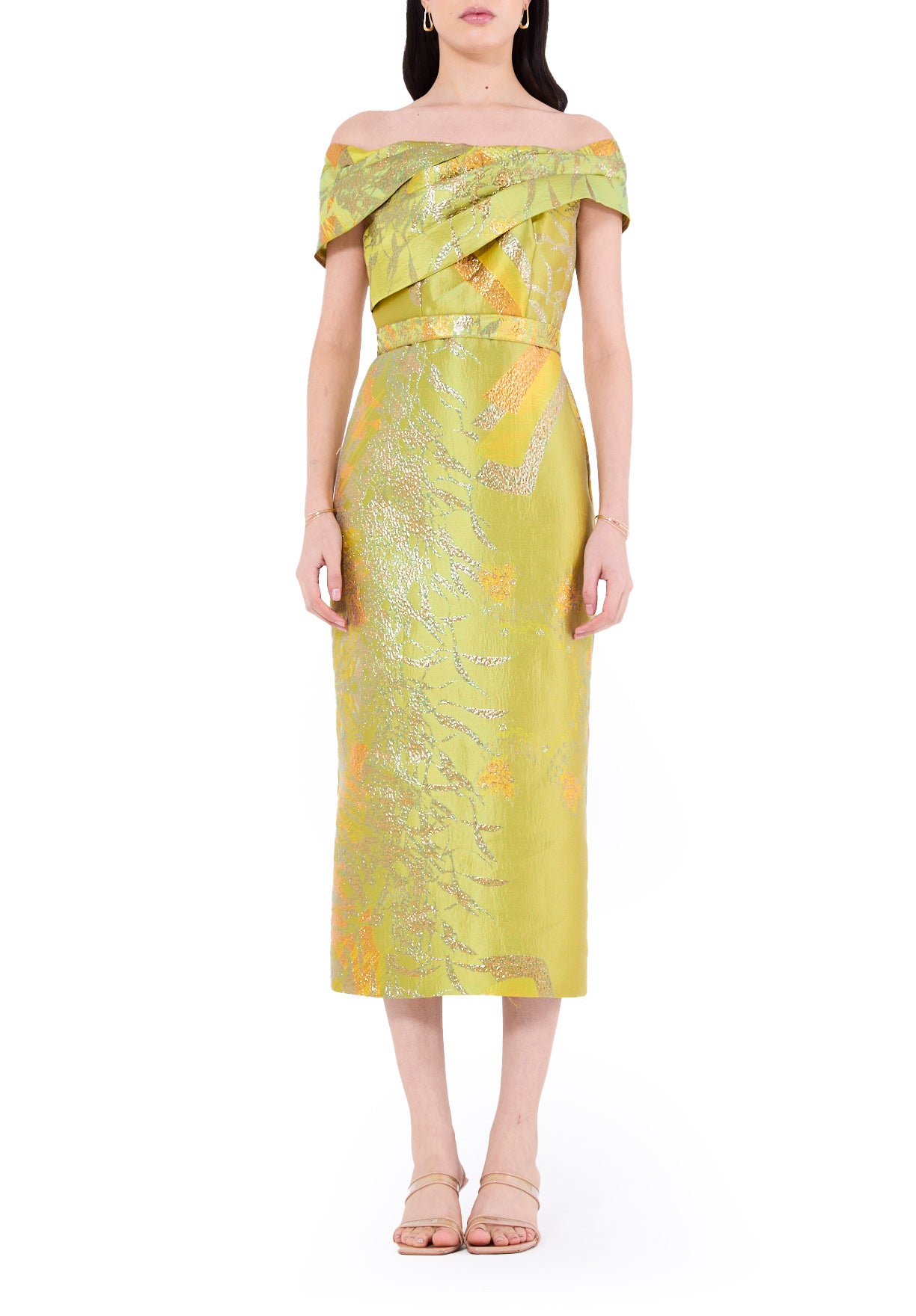 Jacquard Pleated Off-The-Shoulder Midi Dress