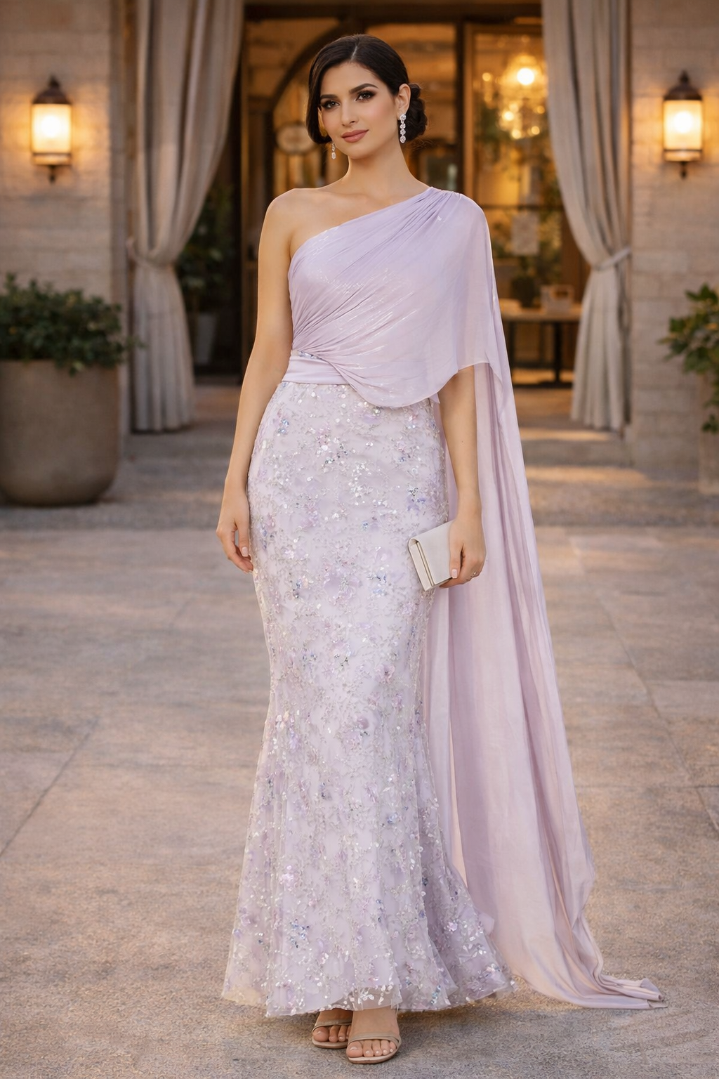 Stunning Sequins Mermaid Dress With Silk Drape On The Body And Sleeveless With One Shoulder Neckline