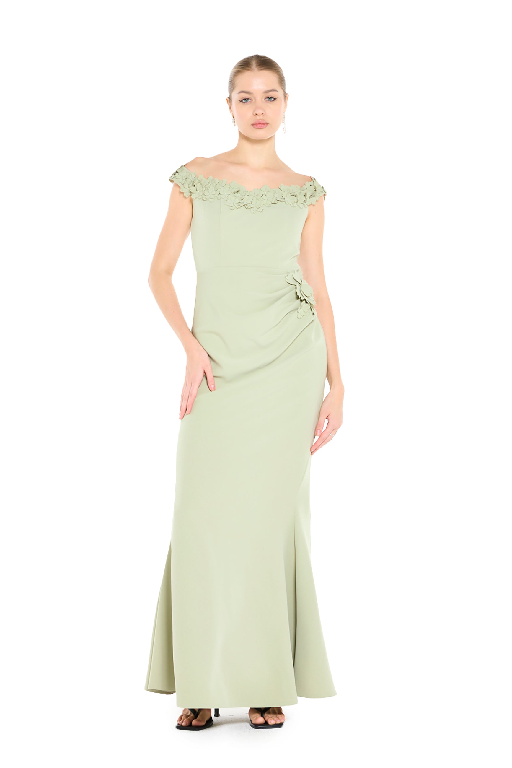 Off-Shoulder Maxi Dress with Floral Appliqué