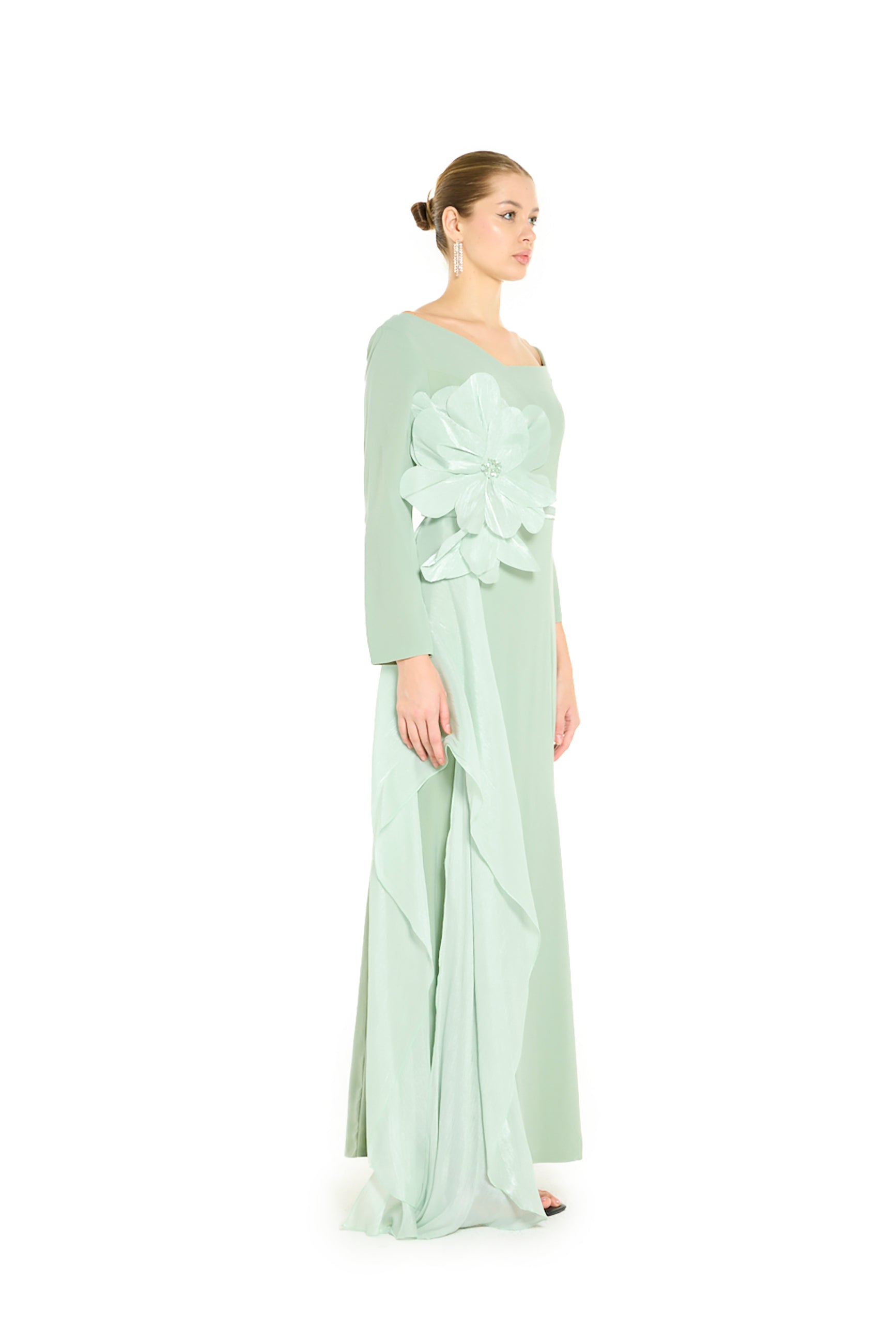 Off-Shoulder Sculptural Floral Appliqué and Draped Panel Dress
