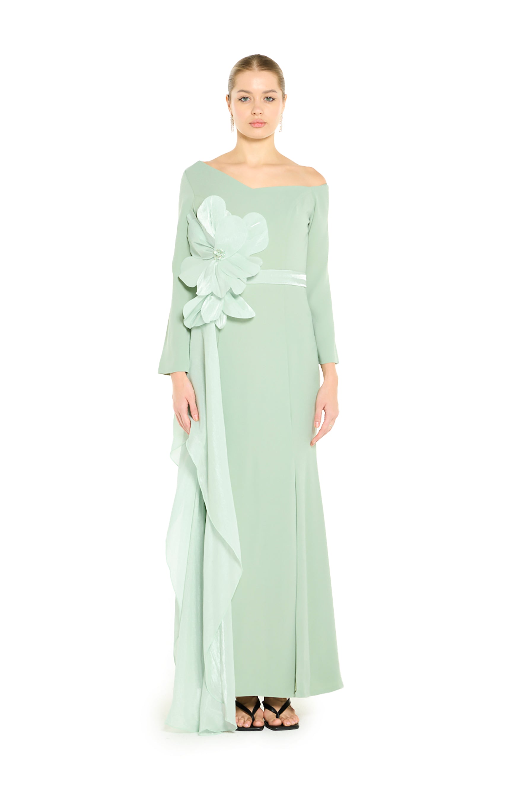 Off-Shoulder Sculptural Floral Appliqué and Draped Panel Dress