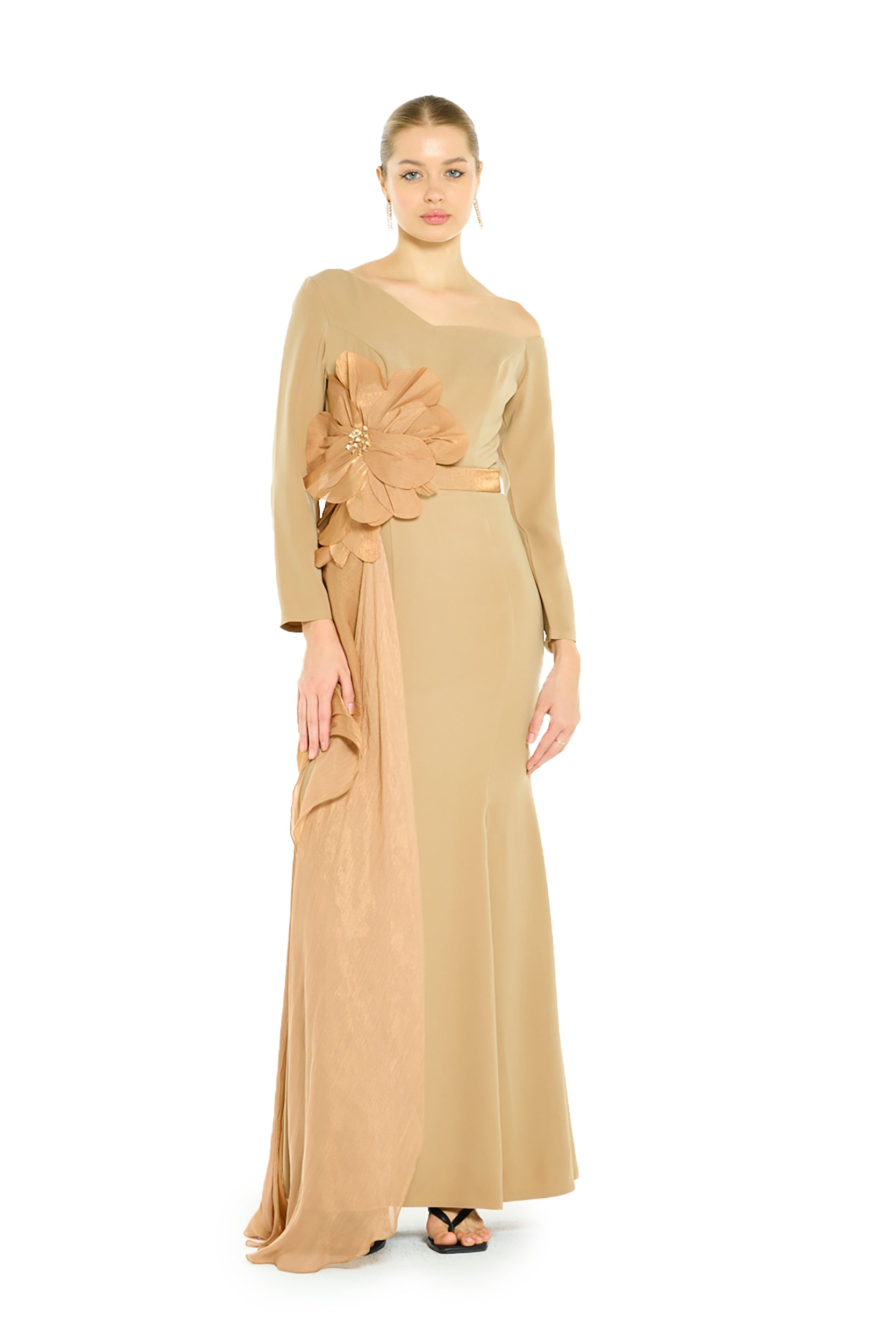 Off-Shoulder Sculptural Floral Appliqué and Draped Panel Dress