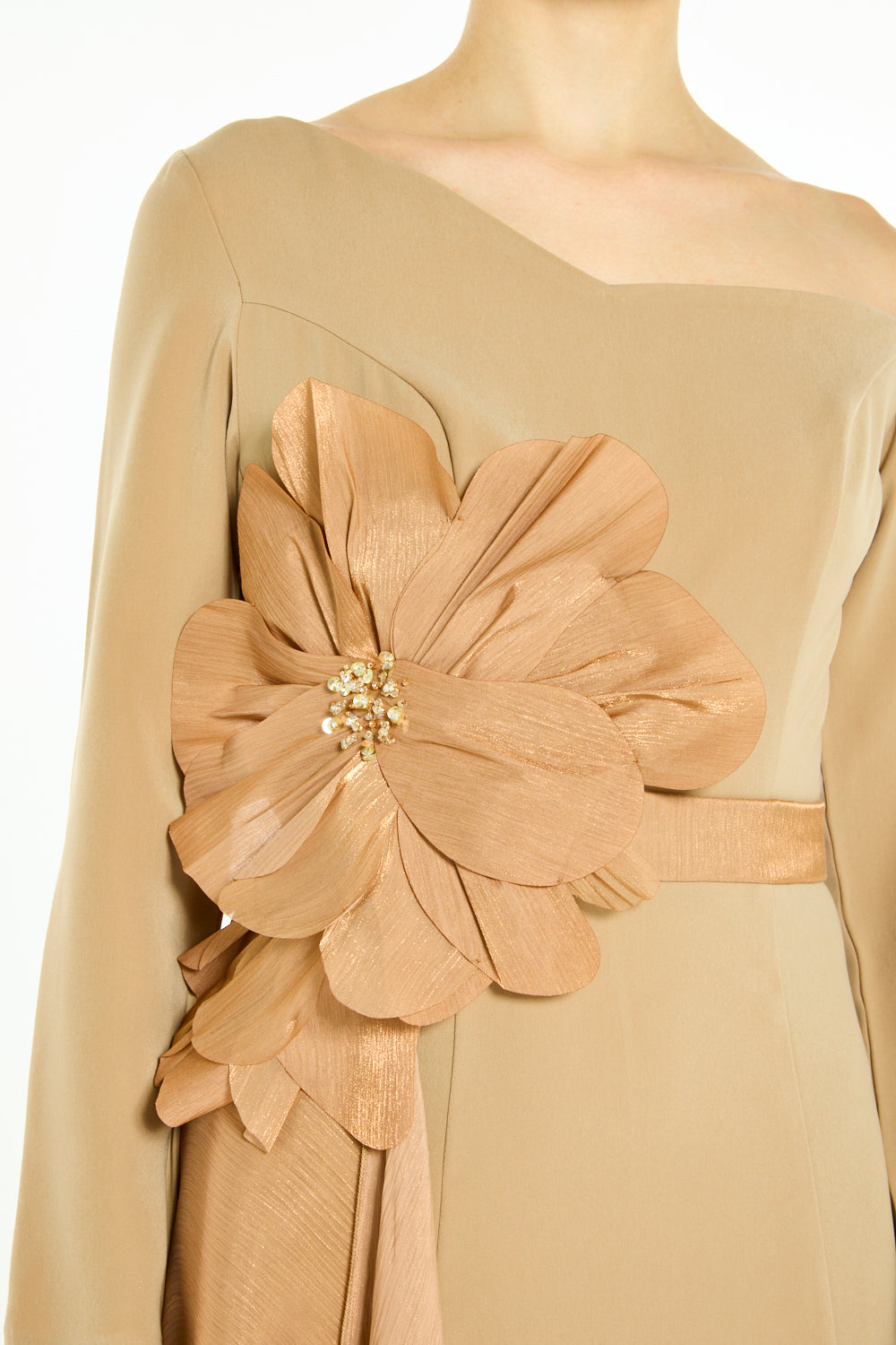 Off-Shoulder Sculptural Floral Appliqué and Draped Panel Dress
