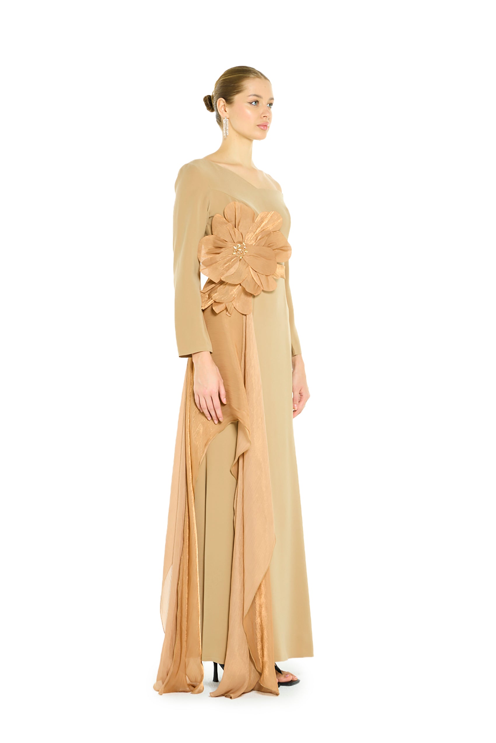 Off-Shoulder Sculptural Floral Appliqué and Draped Panel Dress