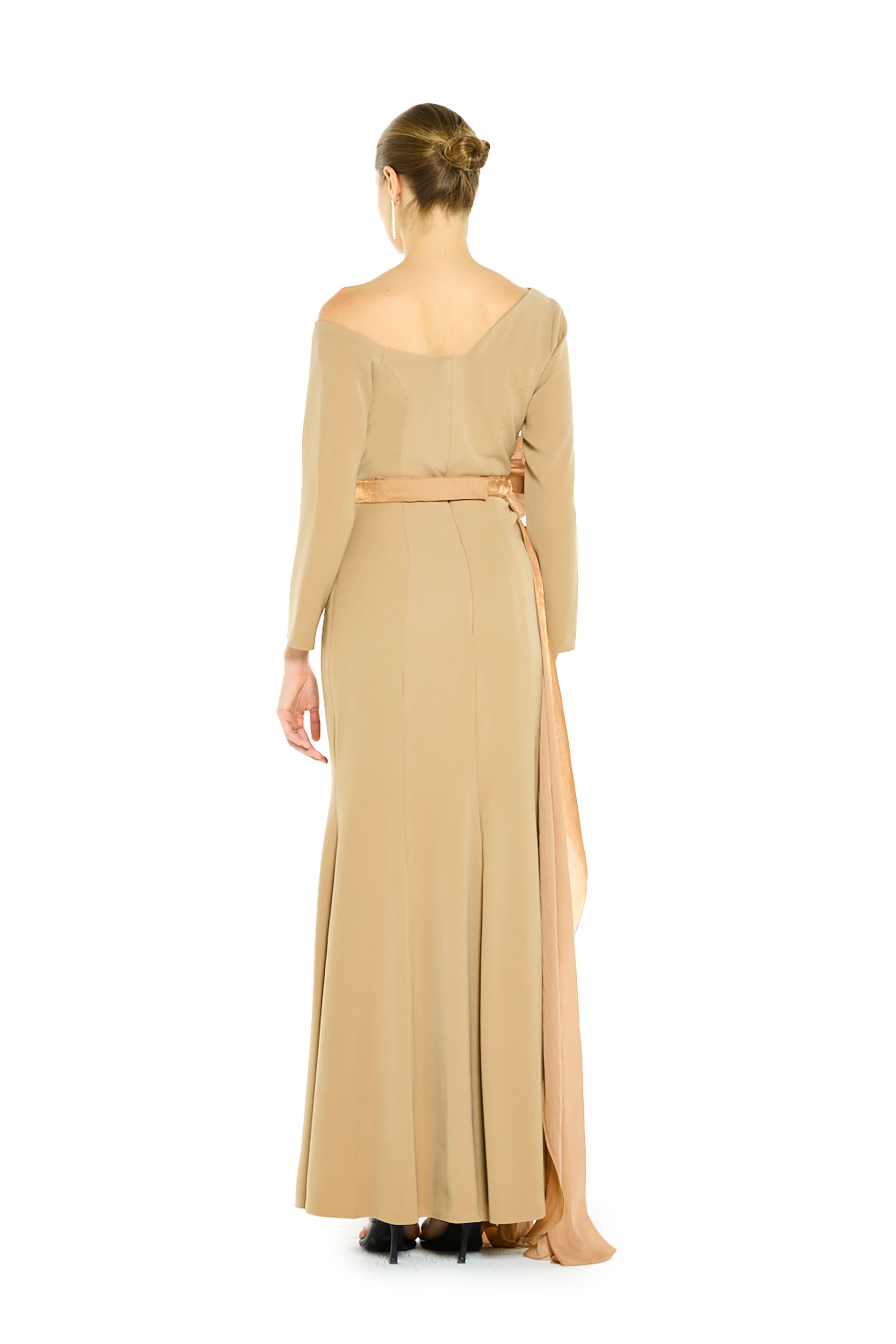 Off-Shoulder Sculptural Floral Appliqué and Draped Panel Dress