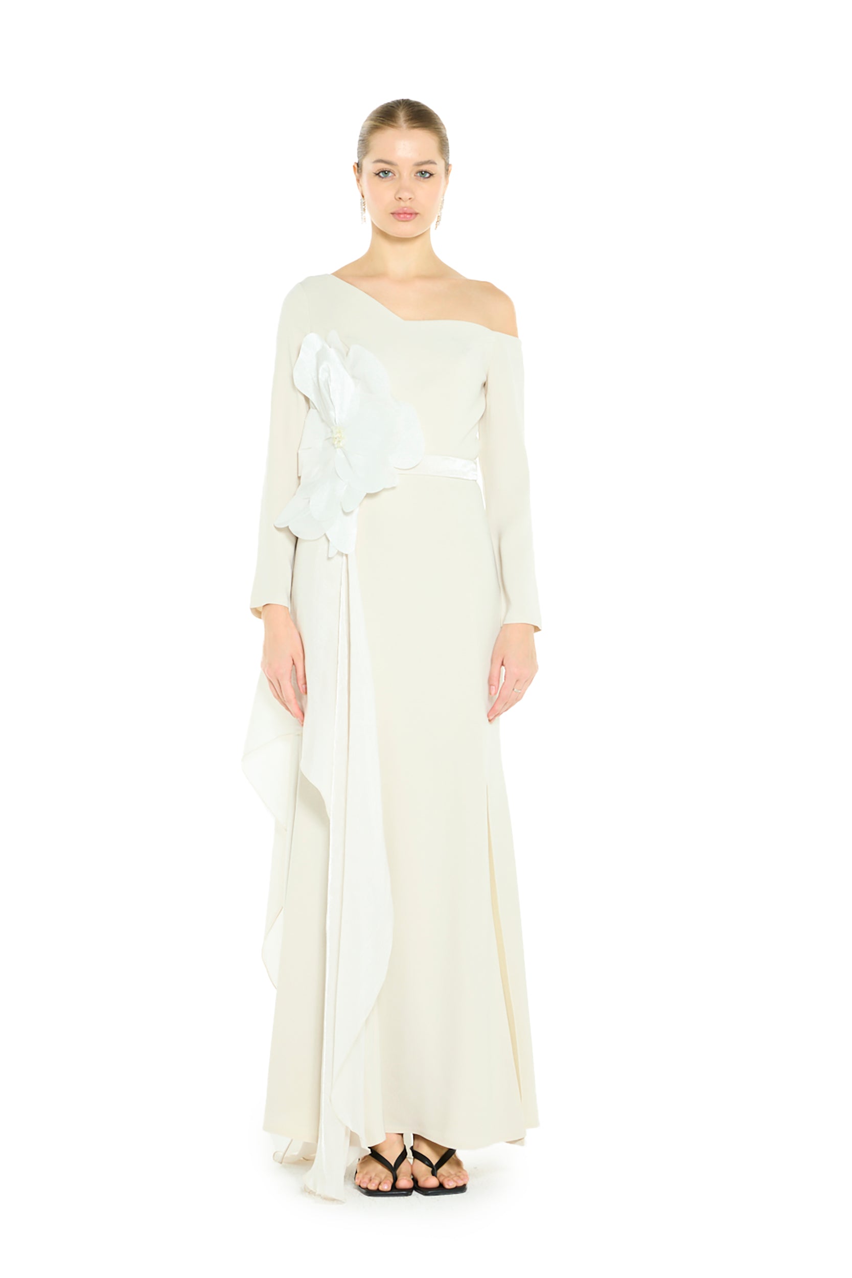 Off-Shoulder Sculptural Floral Appliqué and Draped Panel Dress