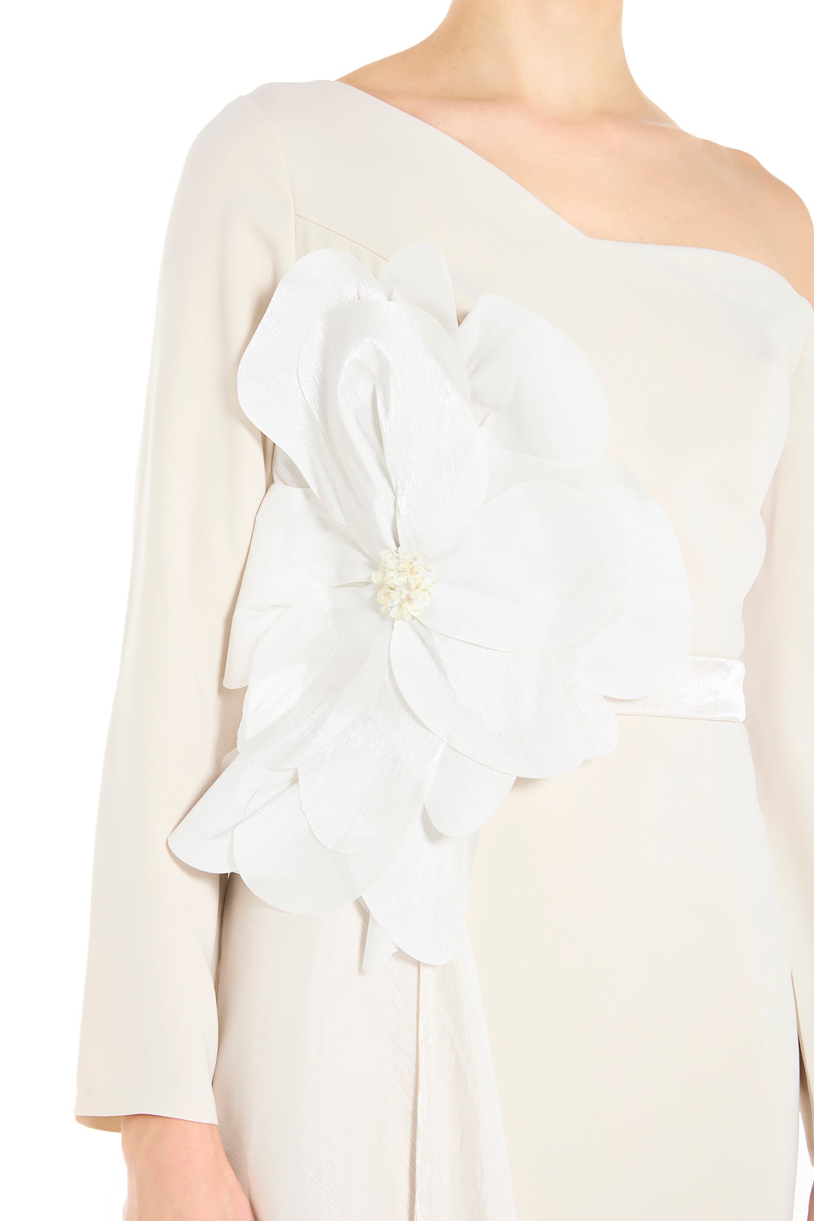 Off-Shoulder Sculptural Floral Appliqué and Draped Panel Dress