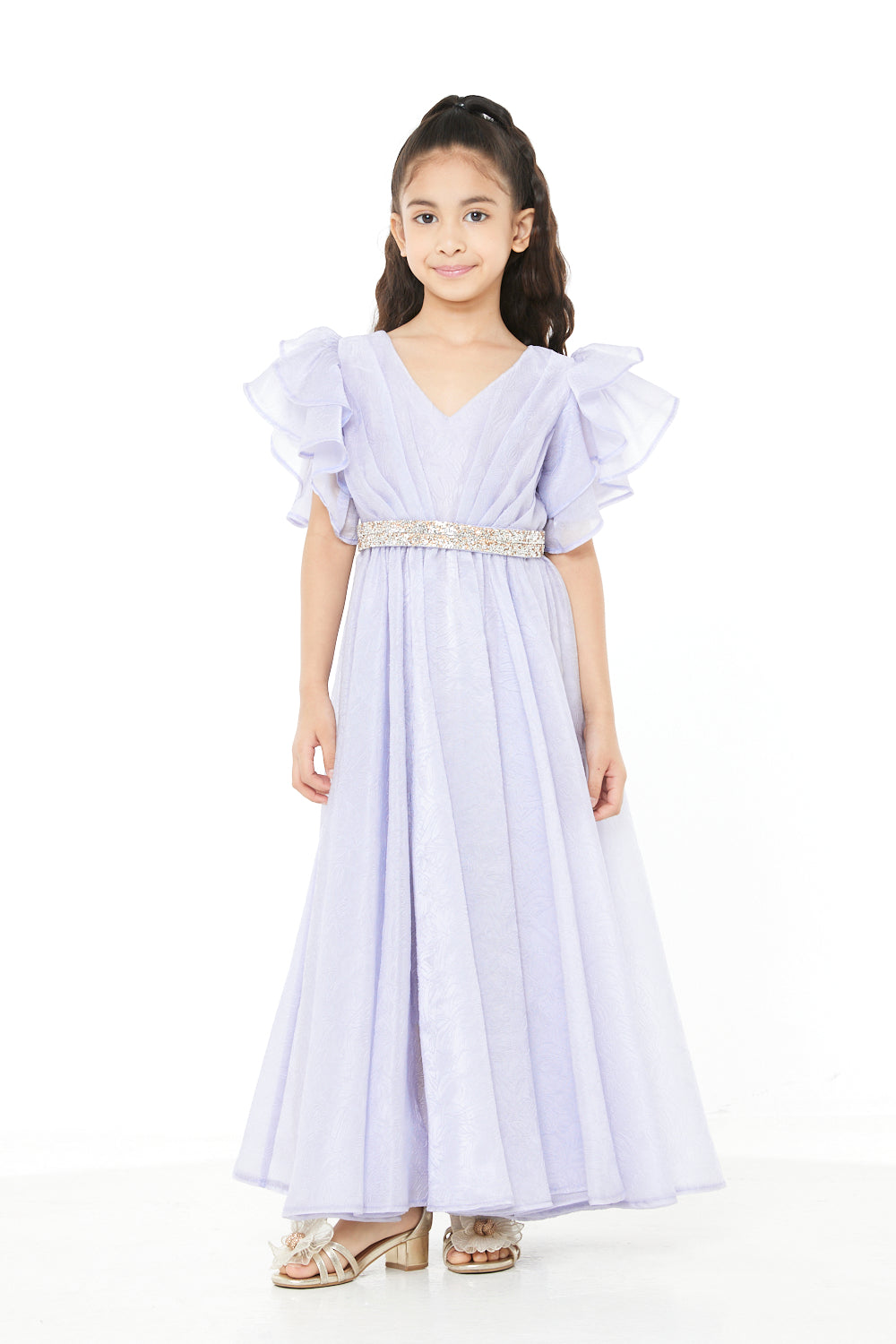 Ruffle Sleeve Embellished Waist Gown