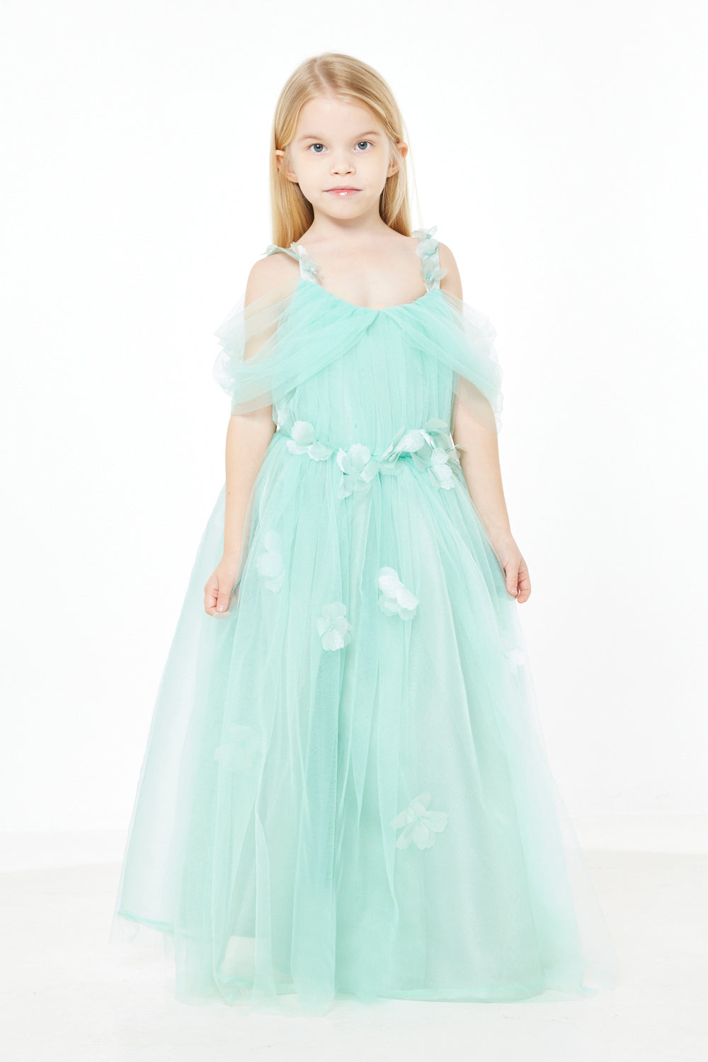 Floral Appliqué Cold Shoulder Tulle Gown