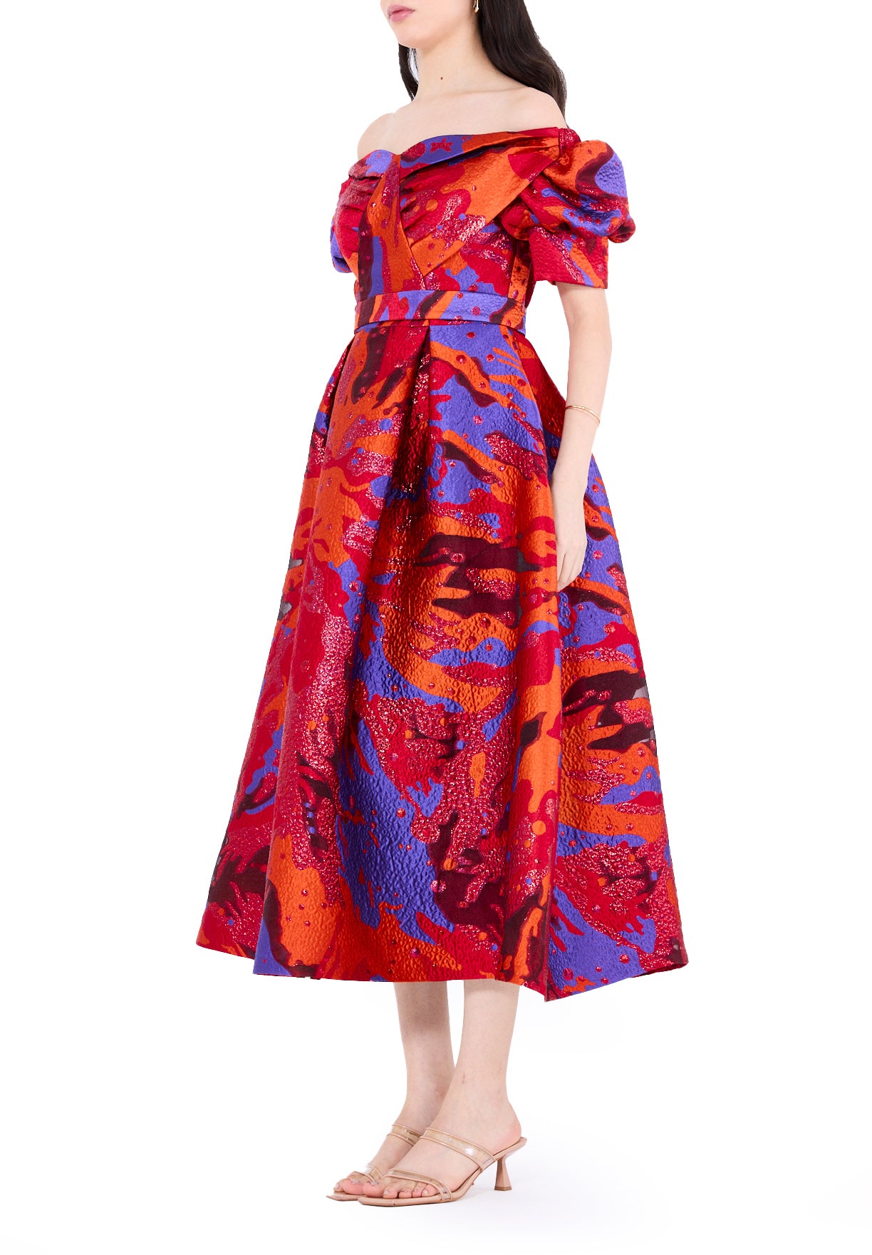 Vibrant Jacquard Off-The-Shoulder Midi Dress