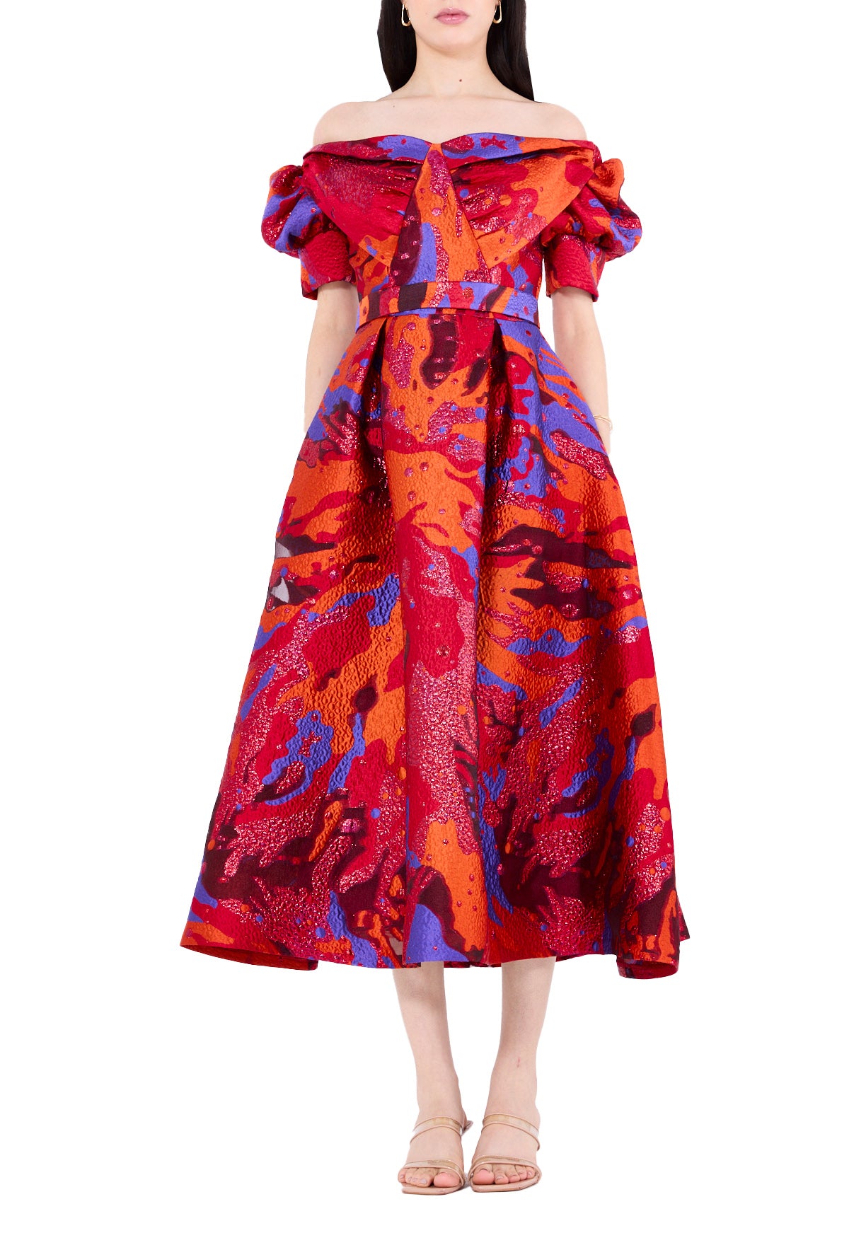 Vibrant Jacquard Off-The-Shoulder Midi Dress