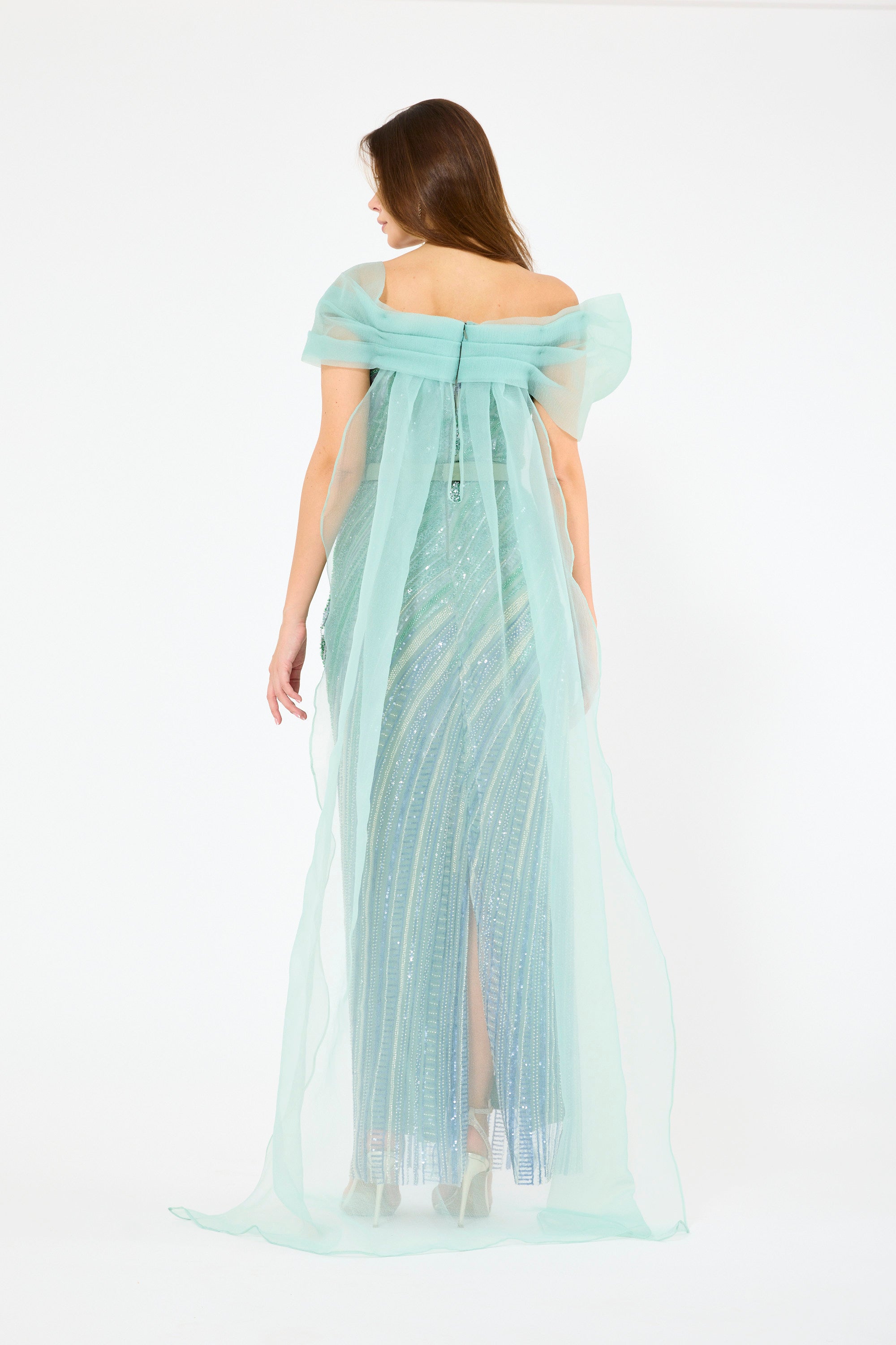 Ombré Texture Embellished Off-The-Shoulder Gown