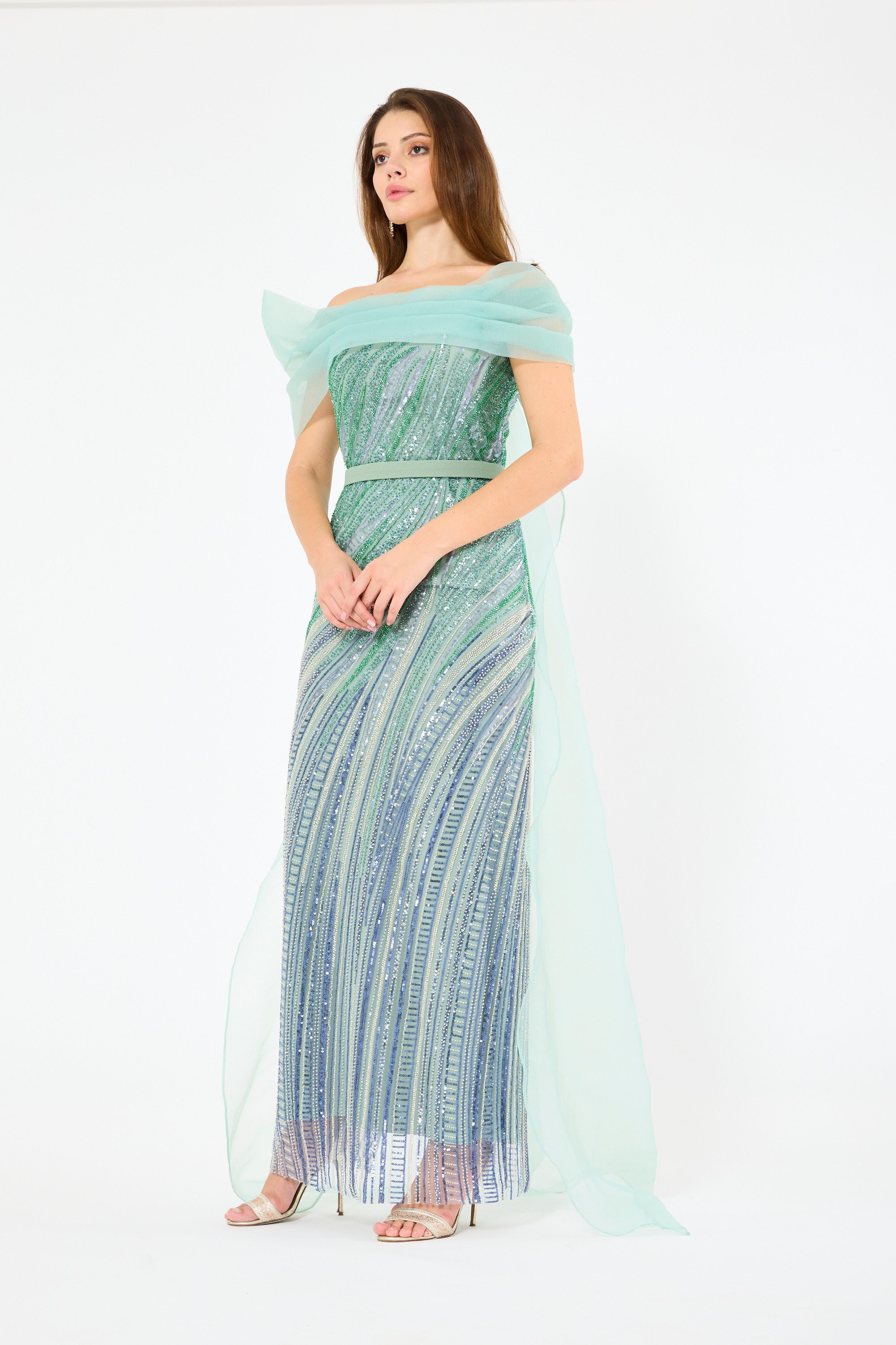 Ombré Texture Embellished Off-The-Shoulder Gown