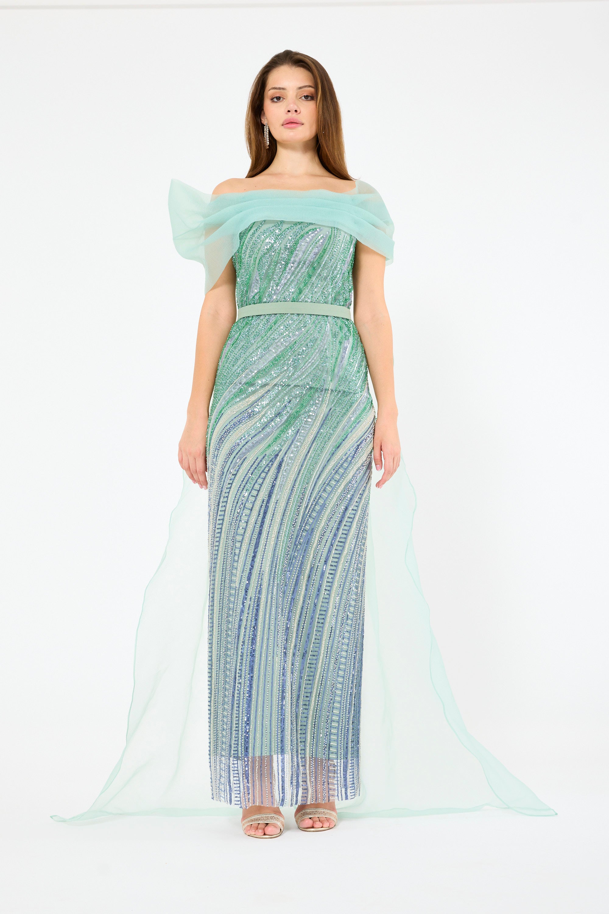 Ombré Texture Embellished Off-The-Shoulder Gown