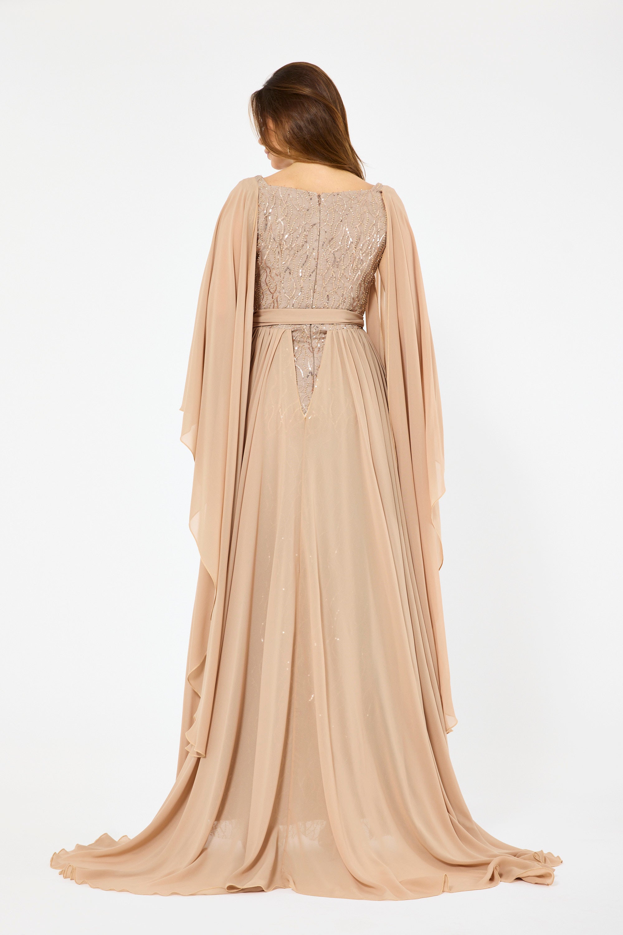 Flare Cape Sleeves Draped Embroidered Gown