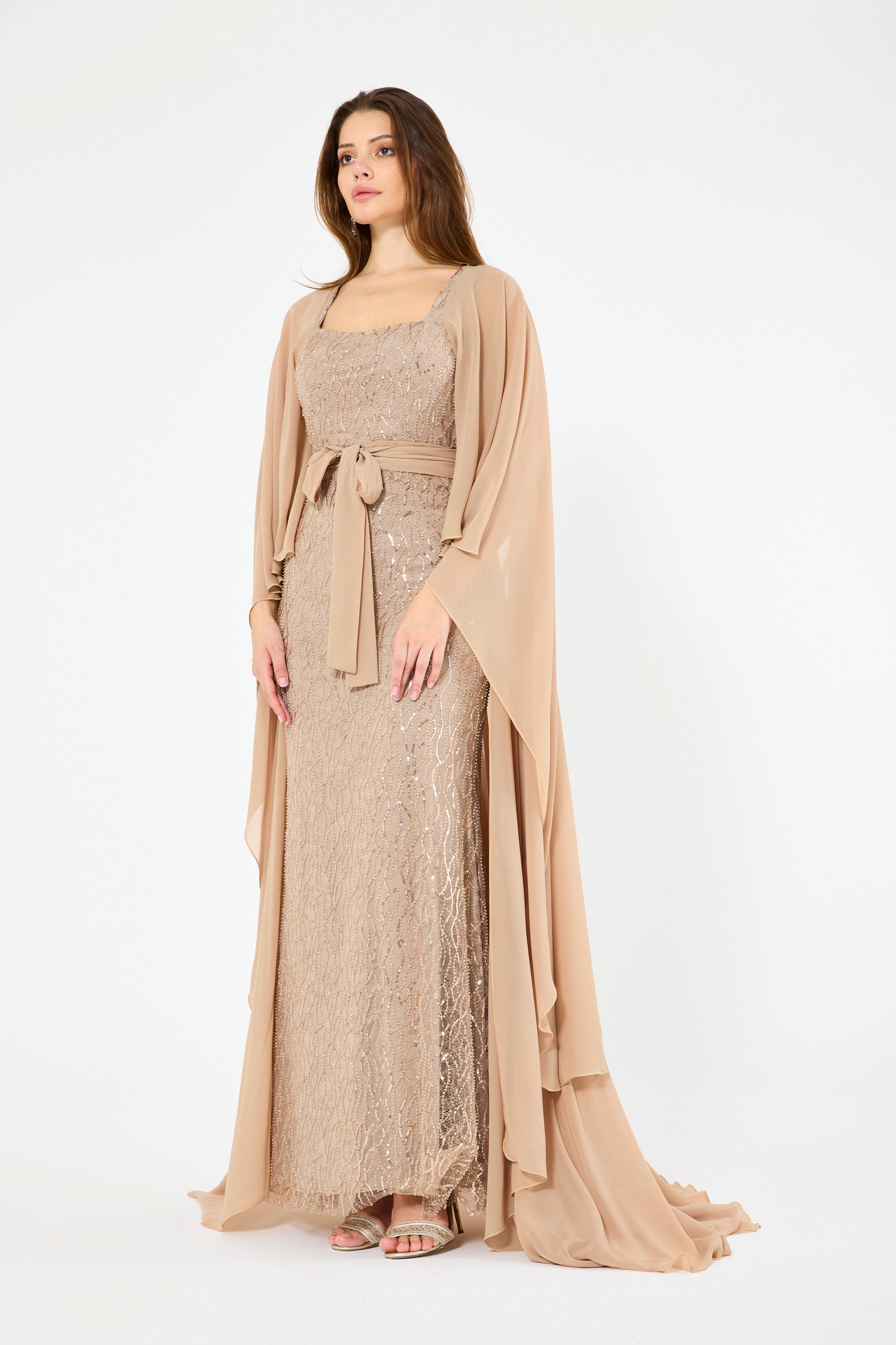 Flare Cape Sleeves Draped Embroidered Gown