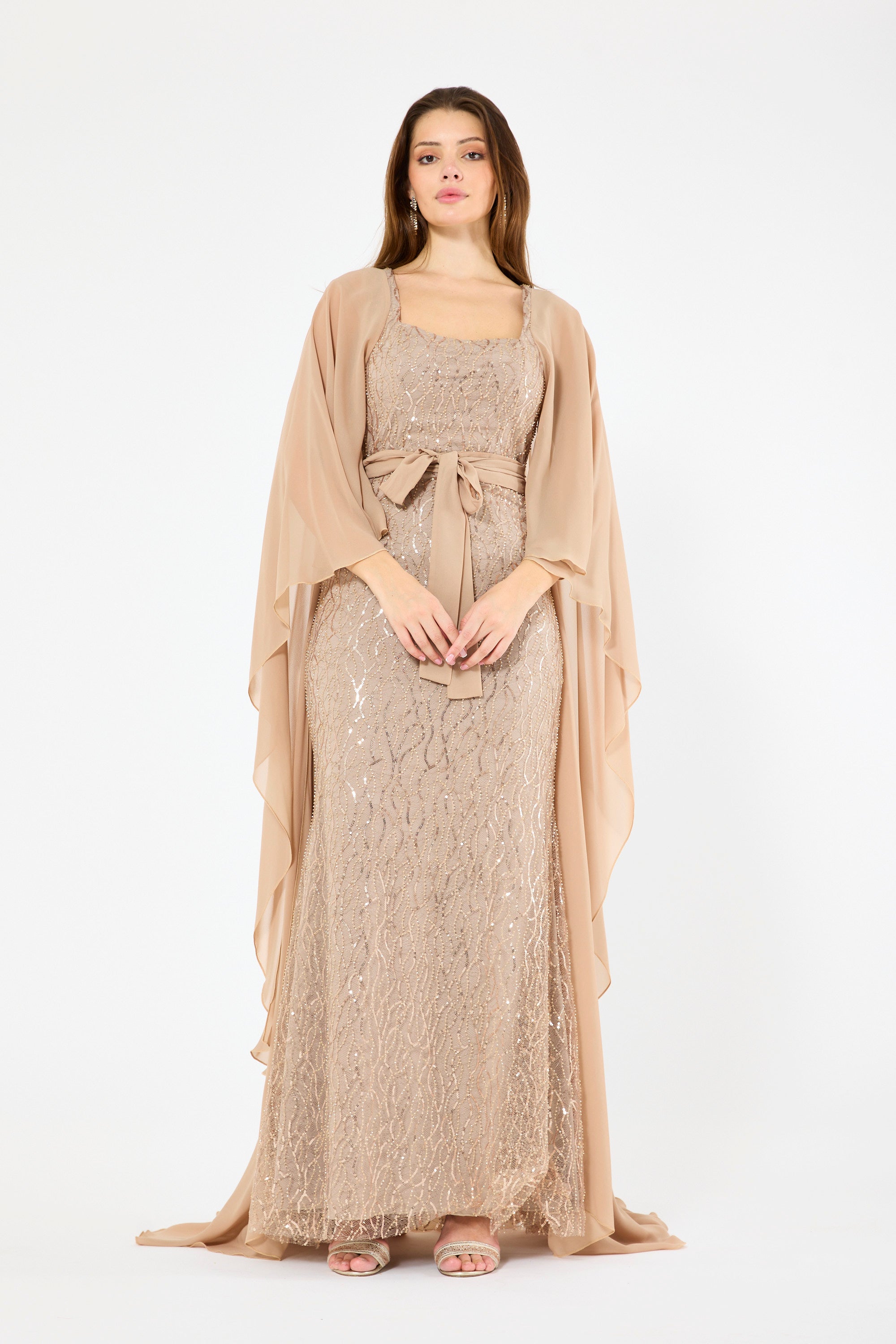 Flare Cape Sleeves Draped Embroidered Gown