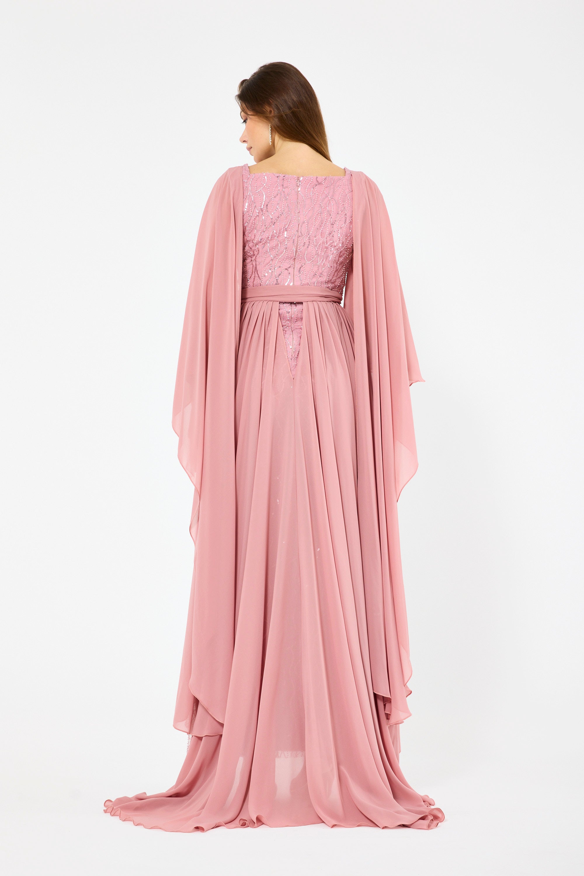 Flare Cape Sleeves Draped Embroidered Gown