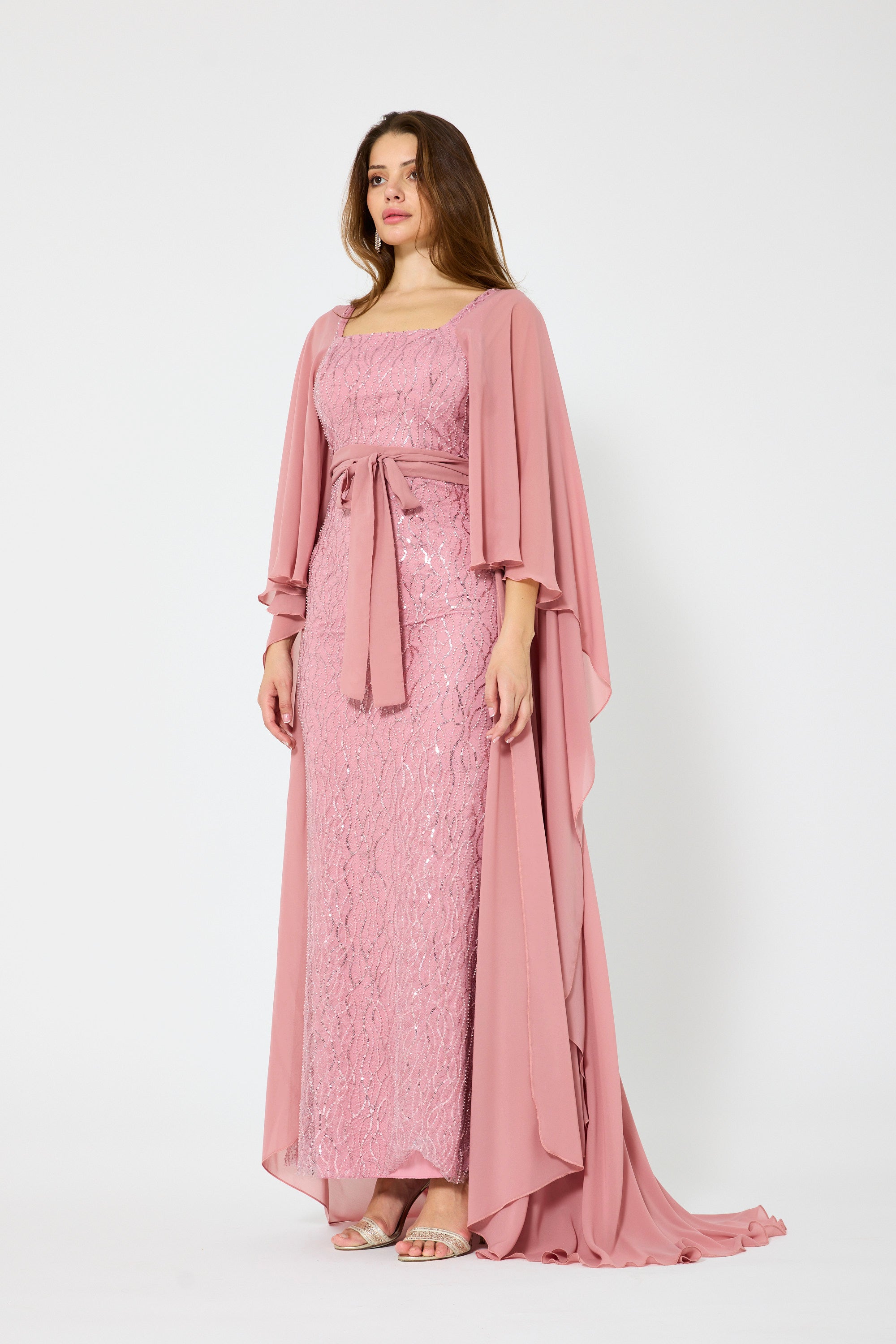 Flare Cape Sleeves Draped Embroidered Gown