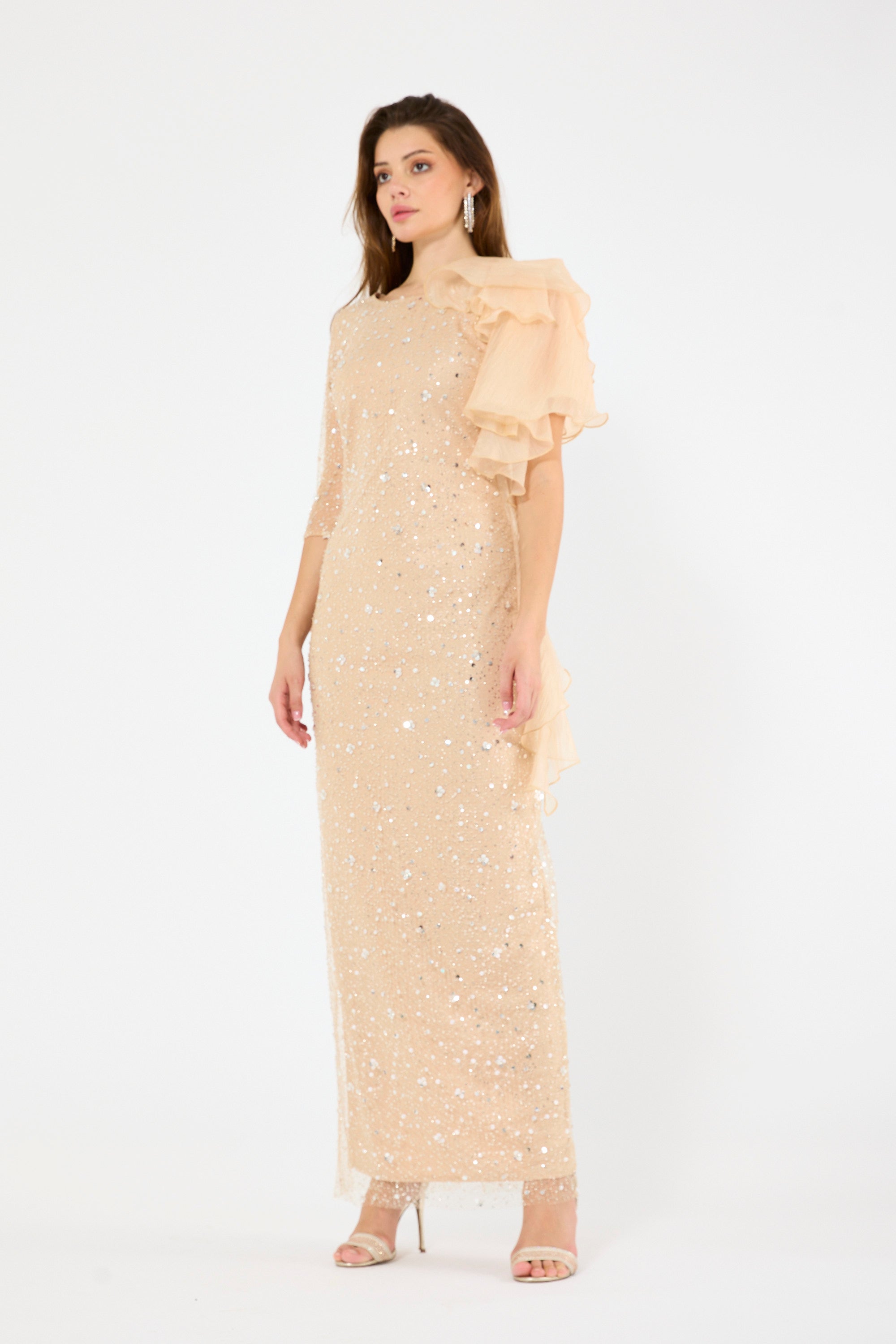 Asymmetric Draped Embellished Ruffle Gown