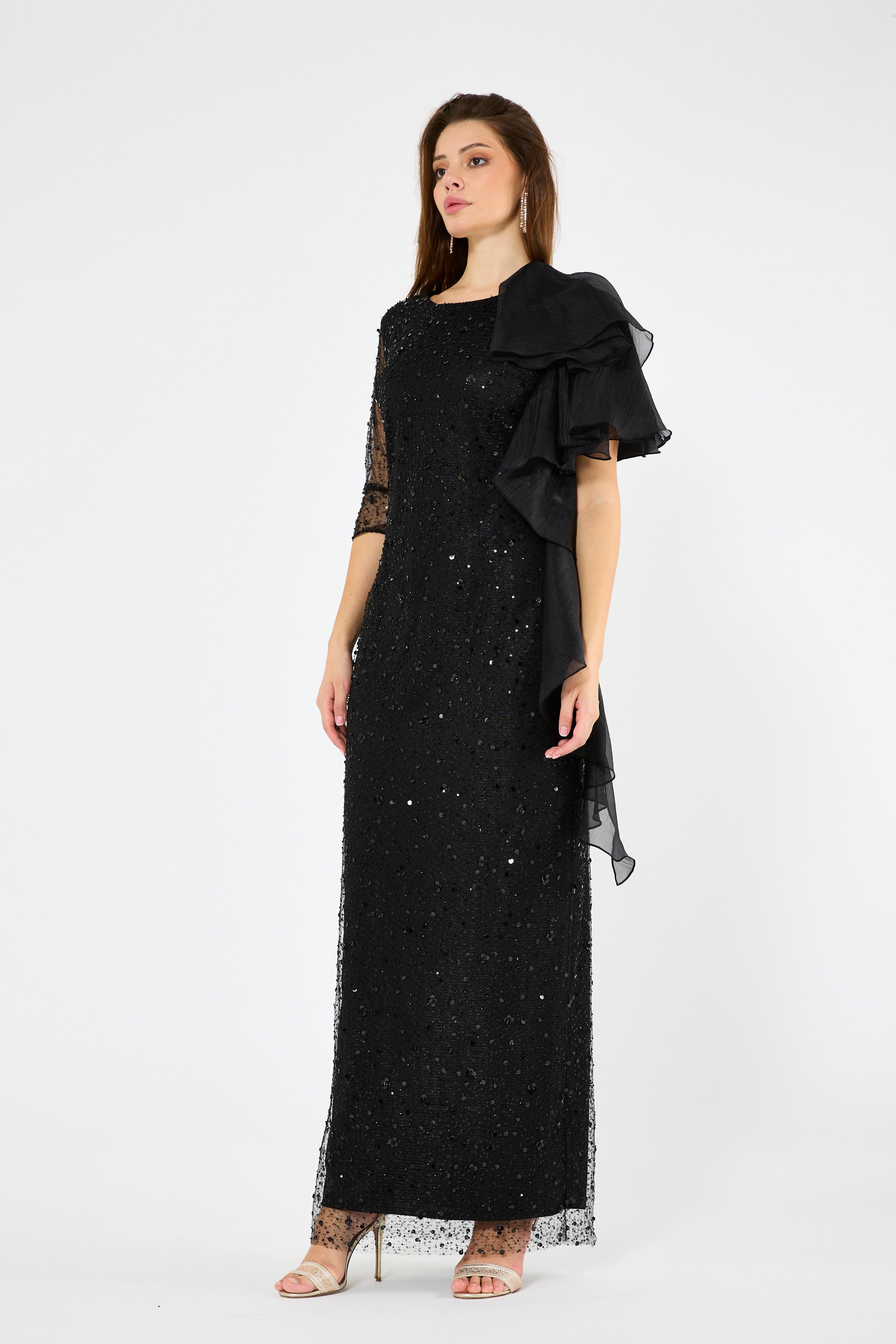 Asymmetric Draped Embellished Ruffle Gown