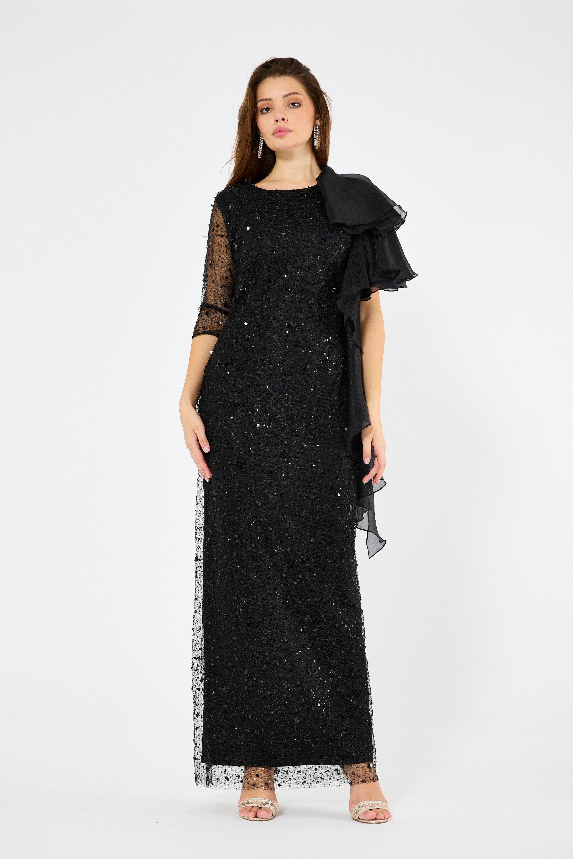 Asymmetric Draped Embellished Ruffle Gown