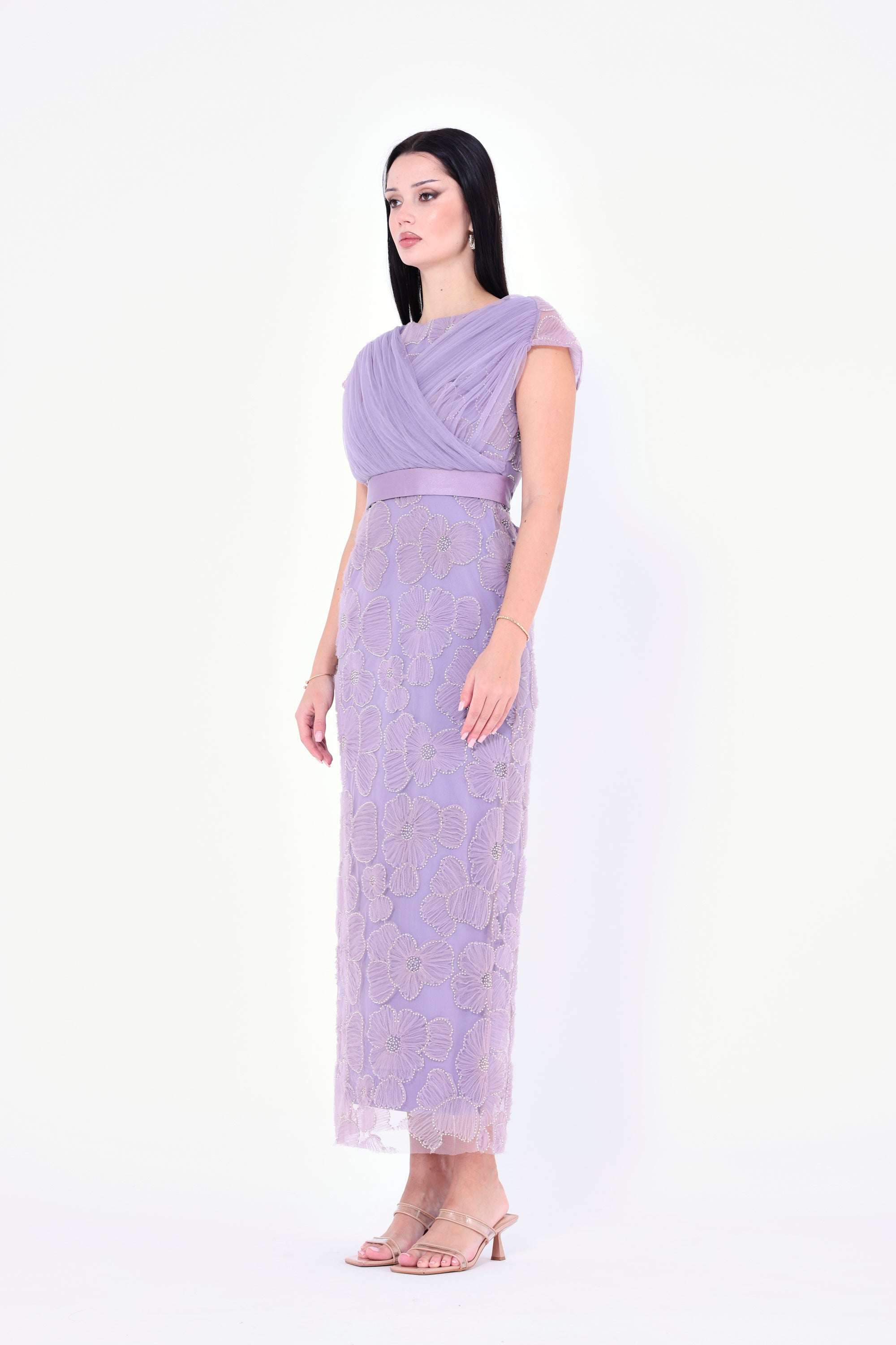 Gathered Flower Appliqué Embellished Gown