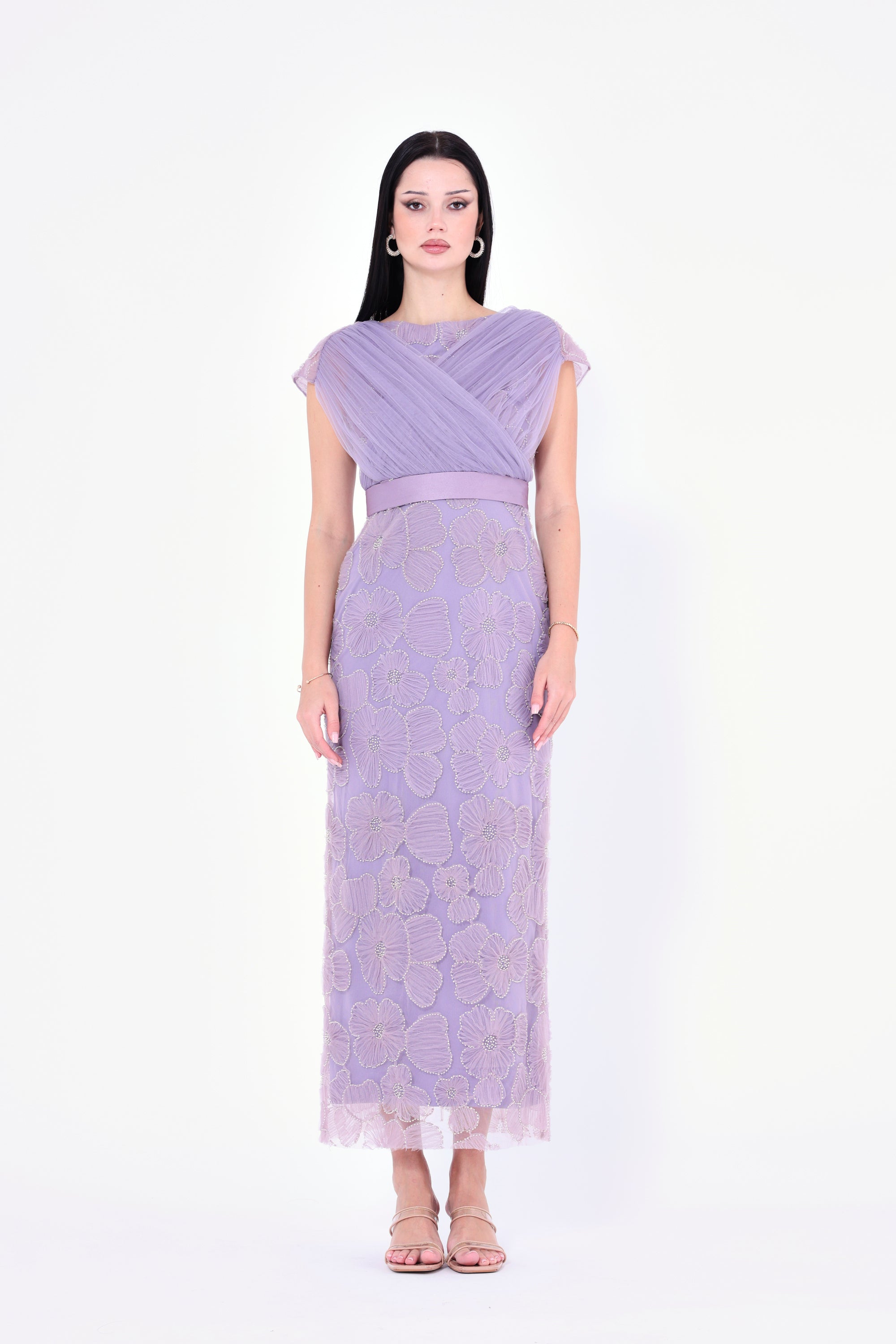 Gathered Flower Appliqué Embellished Gown